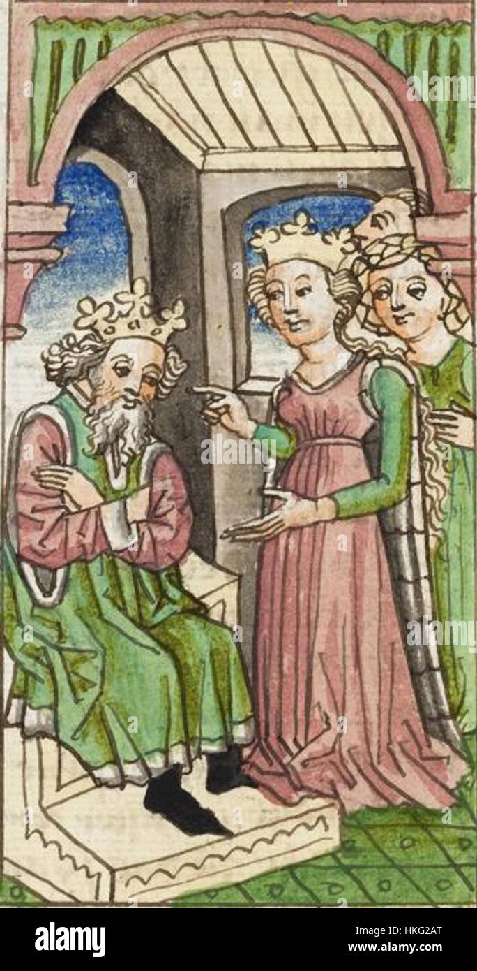 Dieses Kunstwerk, „Gesta Romanorum Donaueschingen“, ist eine historische Illustration, die wahrscheinlich Geschichten aus der mittelalterlichen Sammlung „Gesta Romanorum“ zeigt. Das Bild bietet eine visuelle Interpretation einer mittelalterlichen Erzählung mit religiösen und moralischen Untertönen. Stockfoto