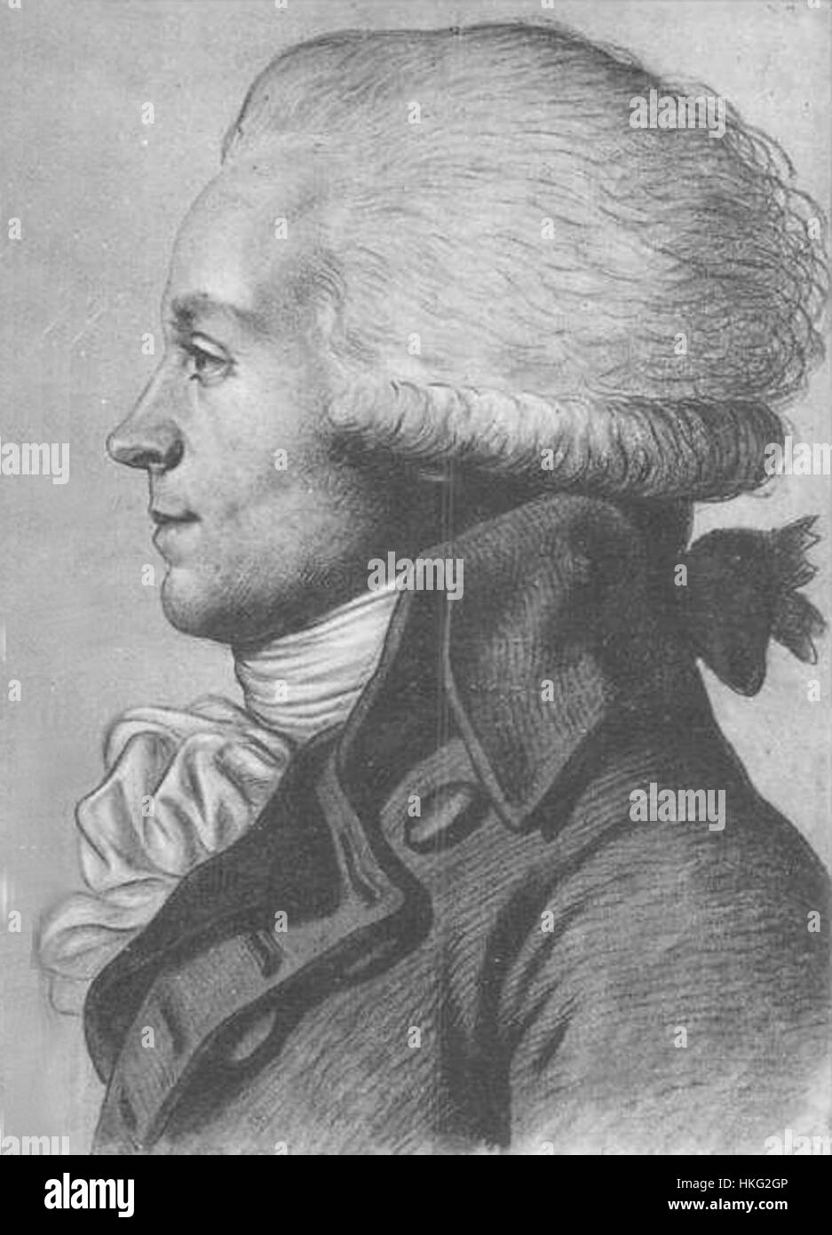 Das Gemälde zeigt Maximilien Robespierre, eine Schlüsselfigur der Französischen Revolution. Das Kunstwerk fängt seinen starken Ausdruck ein und symbolisiert seine Verbindung mit der Herrschaft des Terrors. Stockfoto