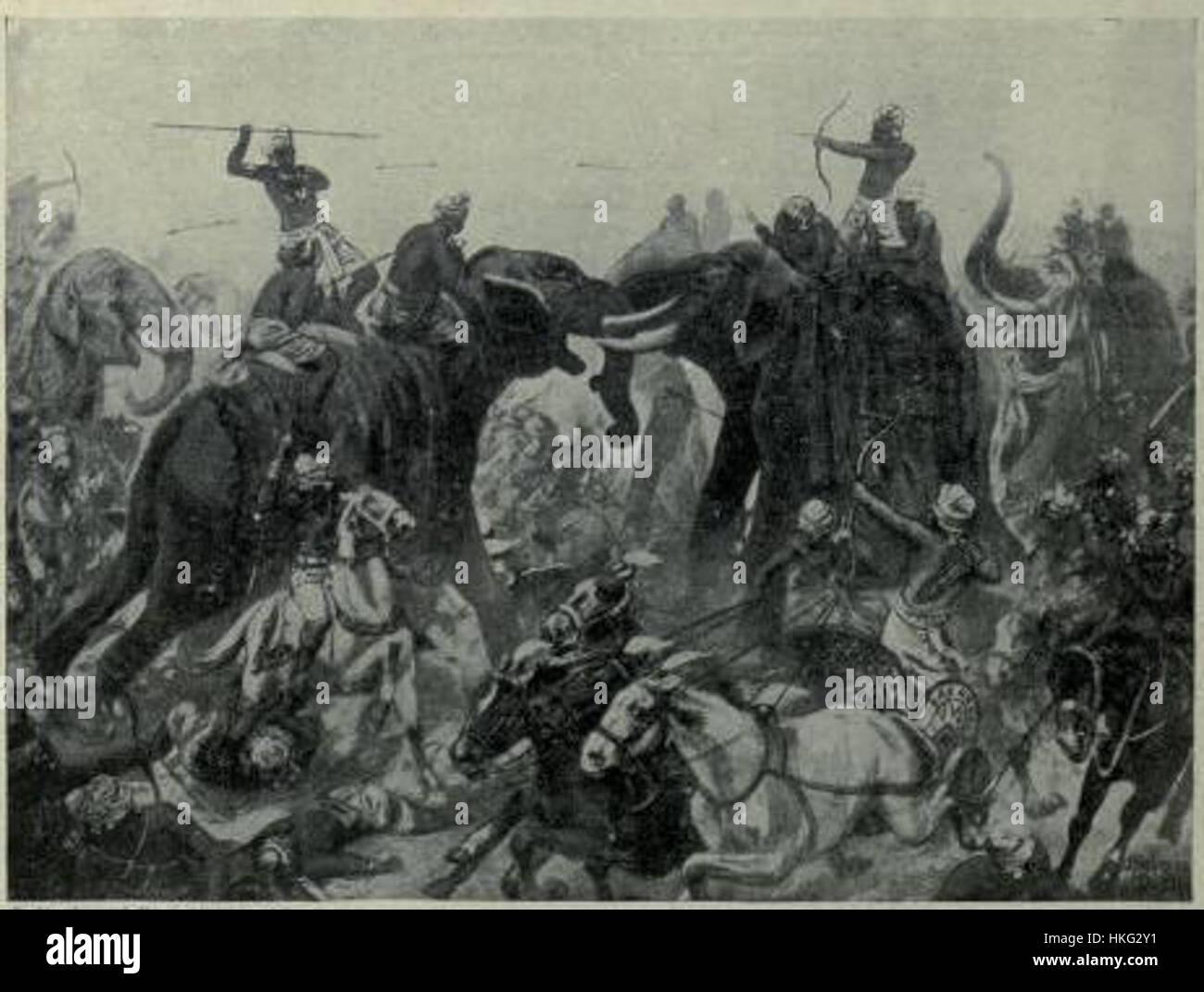 Ein historisches Kunstwerk, das die Schlacht darstellt, in der Mahamalla Pallava aus der Pallava-Dynastie Pulikesin II. Aus der Chalukya-Dynastie bei Badami besiegte, was die Militärgeschichte des antiken Indien widerspiegelt. Stockfoto