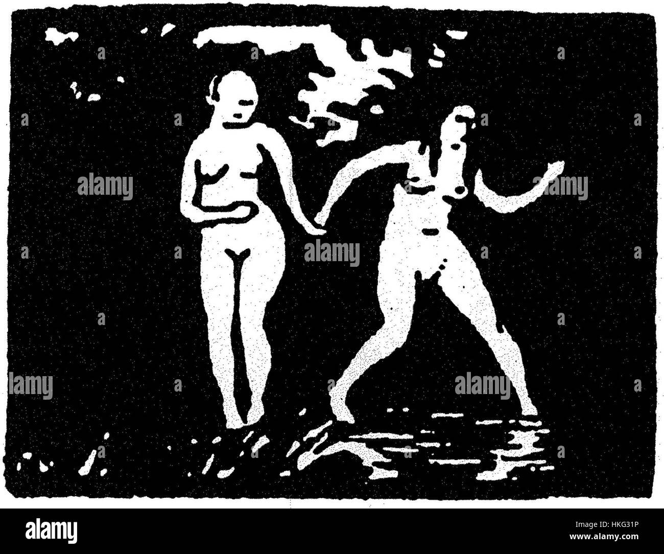 Dieses Kunstwerk aus dem Jahr 1893 mit dem Titel „L'entre dans l'eau“ (der Eintritt ins Wasser) zeigt eine anmutige und ruhige Szene einer Figur, die in ein Gewässer eintritt. Das Stück spiegelt die künstlerischen Trends des späten 19. Jahrhunderts wider, wobei der Schwerpunkt auf Bewegung, Licht und natürlicher Schönheit liegt. Stockfoto