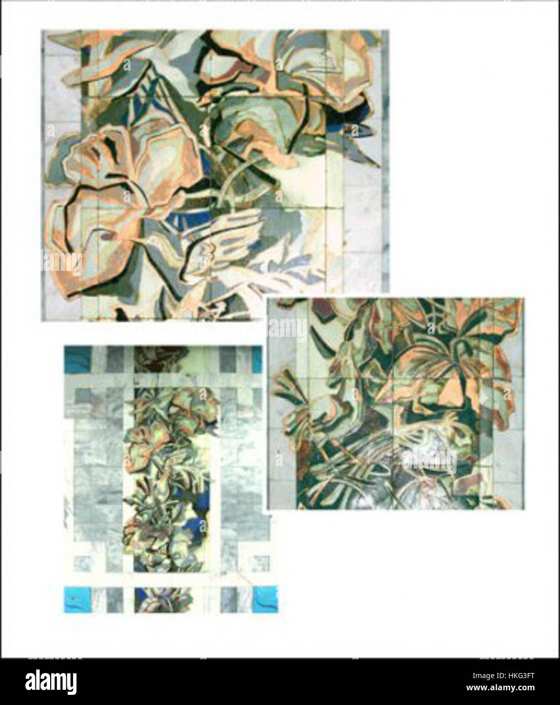 Dieses Gemälde mit Blumen und Vögeln fängt die Schönheit der Natur durch verschiedene künstlerische Techniken ein. Das Kunstwerk wird oft als ein schönes Beispiel für historische und antike Kunst angesehen, geschätzt für seine Handwerkskunst und visuelle Anziehungskraft. Stockfoto