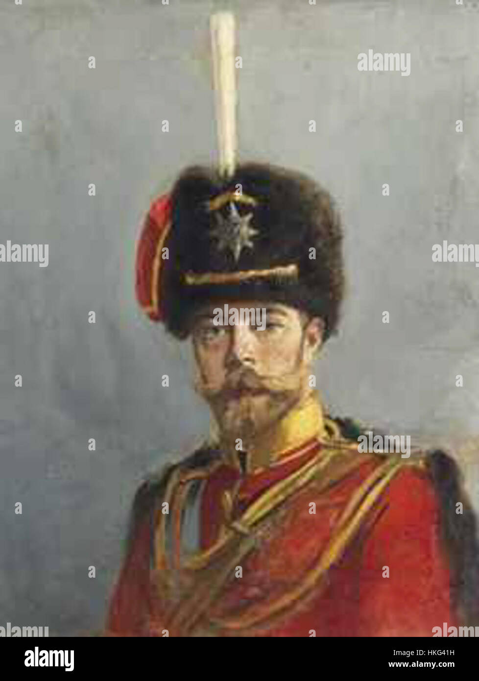 Nikolaus II. als Chef der Garde-Husaren-Regiment von A.Makovskiy (c.1908, priv.coll.) Stockfoto