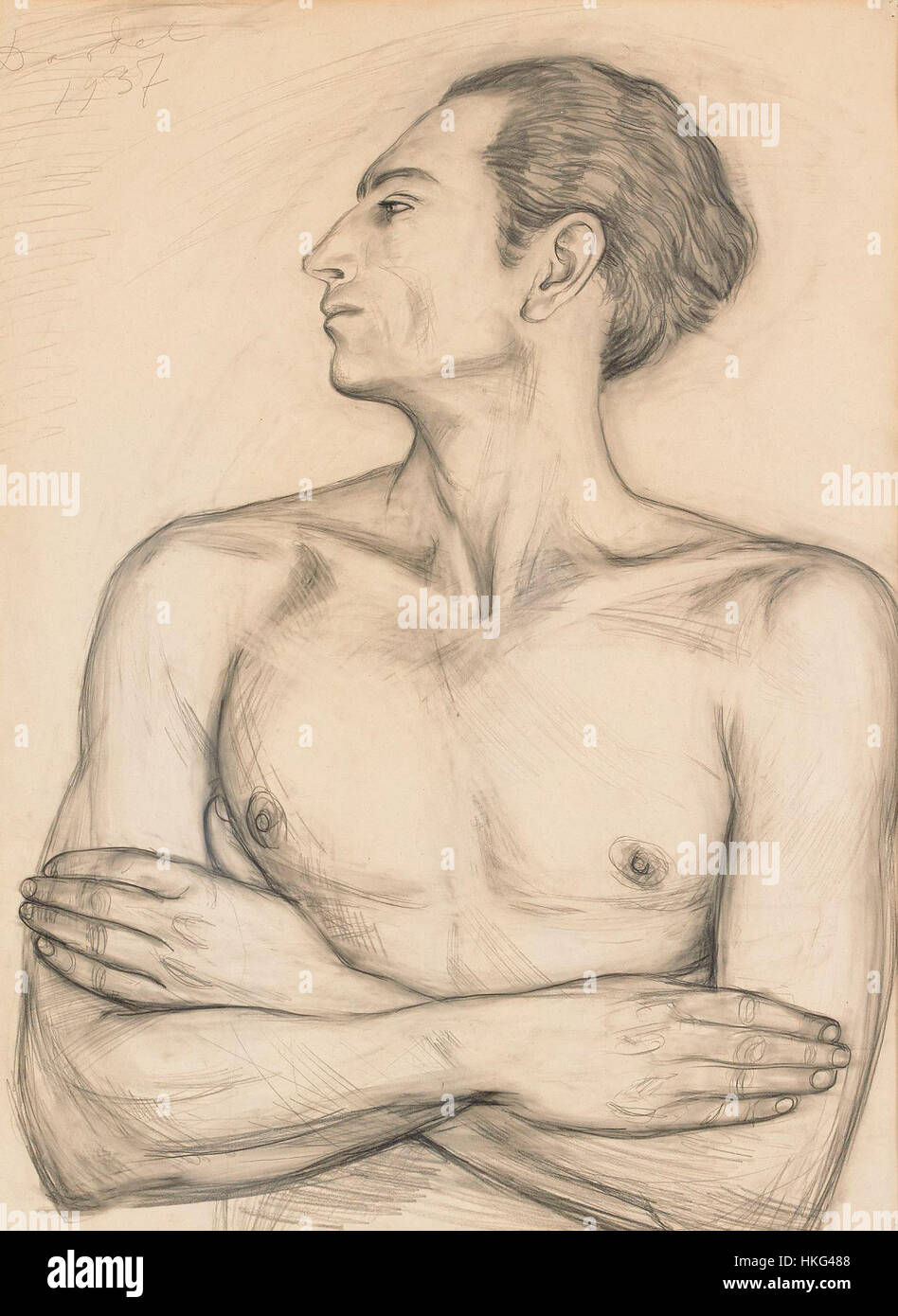 Ein Gemälde von Nils Dardel mit dem Titel *Sicilianaren* zeigt den unverwechselbaren Stil des Künstlers. Das Werk spiegelt Dardels modernistischen Porträtstil wider, mit kräftigen Farben und abstrakten Formen, die die sizilianische Kultur repräsentieren. Stockfoto