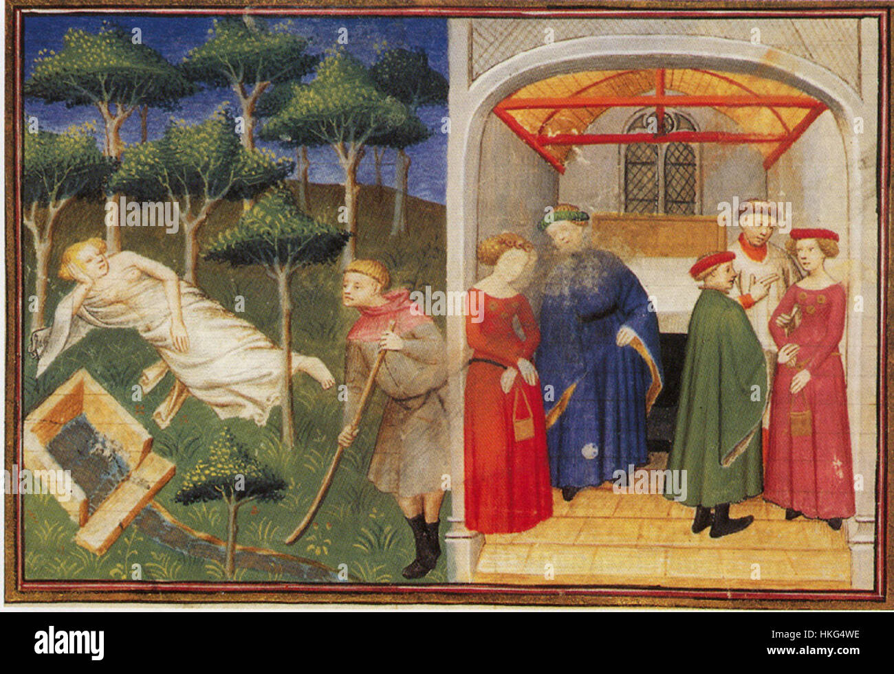 Diese Illustration aus dem 'Decameron' von Giovanni Boccaccio, die in der Vatikanischen Bibliothek gehalten wird, bietet eine visuelle Darstellung einer der Geschichten aus dem Tag V. die Illustration ergänzt die mittelalterlichen Themen des Textes und gibt Einblicke in die europäische Kunst des 14. Jahrhunderts. Stockfoto