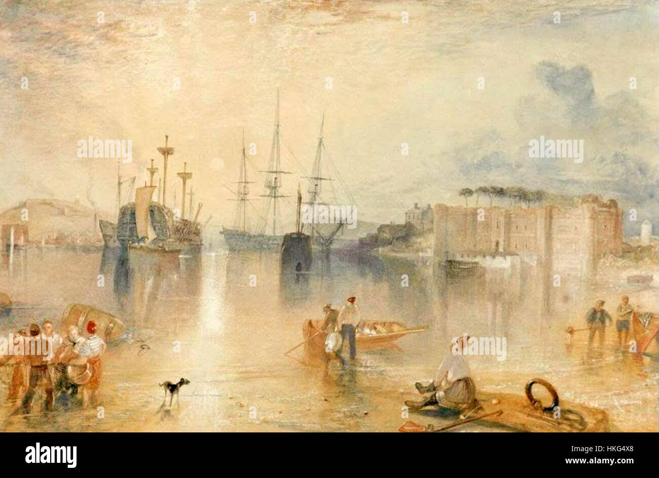 J.M.W. Turners „Castle Upnor“ zeigt einen dramatischen und stimmungsvollen Blick auf die Burg. Das Gemälde zeigt Turners charakteristische Technik, die Licht, Farbe und Schatten verbindet, um die Stimmung und Geschichte der Szene einzufangen. Stockfoto
