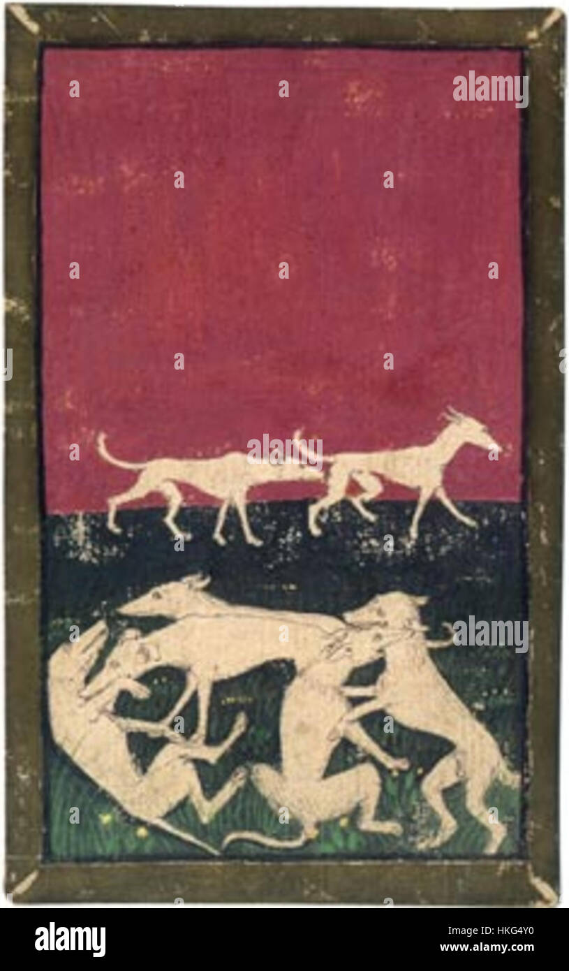 Ambraser Hofjagdspiel VII de Chien ist ein historisches Gemälde, das eine königliche Jagdszene darstellt und die aristokratische Kultur und die Freizeitaktivitäten des Adels während des 16. Jahrhunderts zeigt. Stockfoto