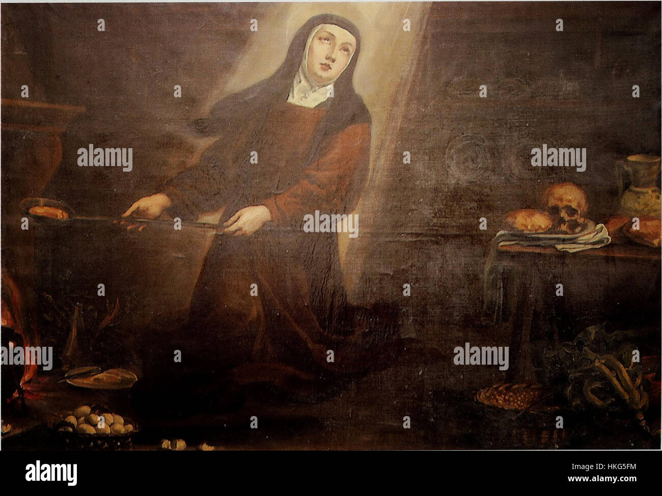 „Santa Teresa in the Kitchen“ von Rizi stellt die Heilige Teresa von Ávila dar, die in einem bescheidenen Moment der Küchenarbeit tätig ist. Das Gemälde spiegelt ihre tiefe Spiritualität und ihren Einsatz für den Dienst wider und fängt die Einfachheit und Anmut der Szene ein. Rizis Einsatz von Licht und Schatten unterstreicht die stille würde des Alltags des heiligen, ein kraftvolles Bild religiöser Hingabe. Stockfoto