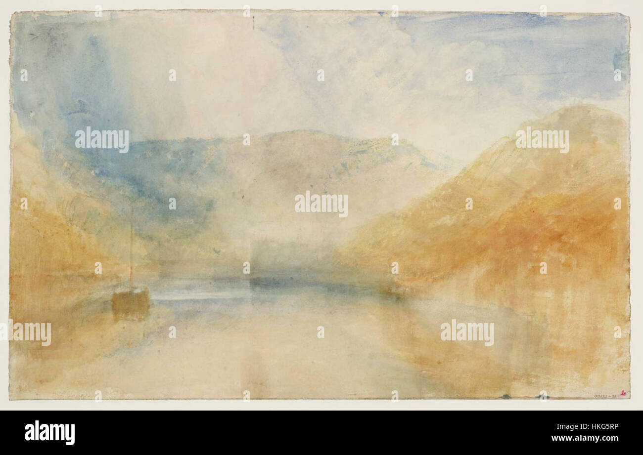 Dieses Gemälde von J.M.W. Turner aus dem Jahr 1828 fängt die dramatischen Effekte von Licht und Atmosphäre ein, die typisch für seinen Stil sind. Turner war ein Meister der Landschaftsmalerei, bekannt für seine Fähigkeit, die Erhabene und die natürliche Welt in all ihrer Kraft und Schönheit darzustellen. Stockfoto