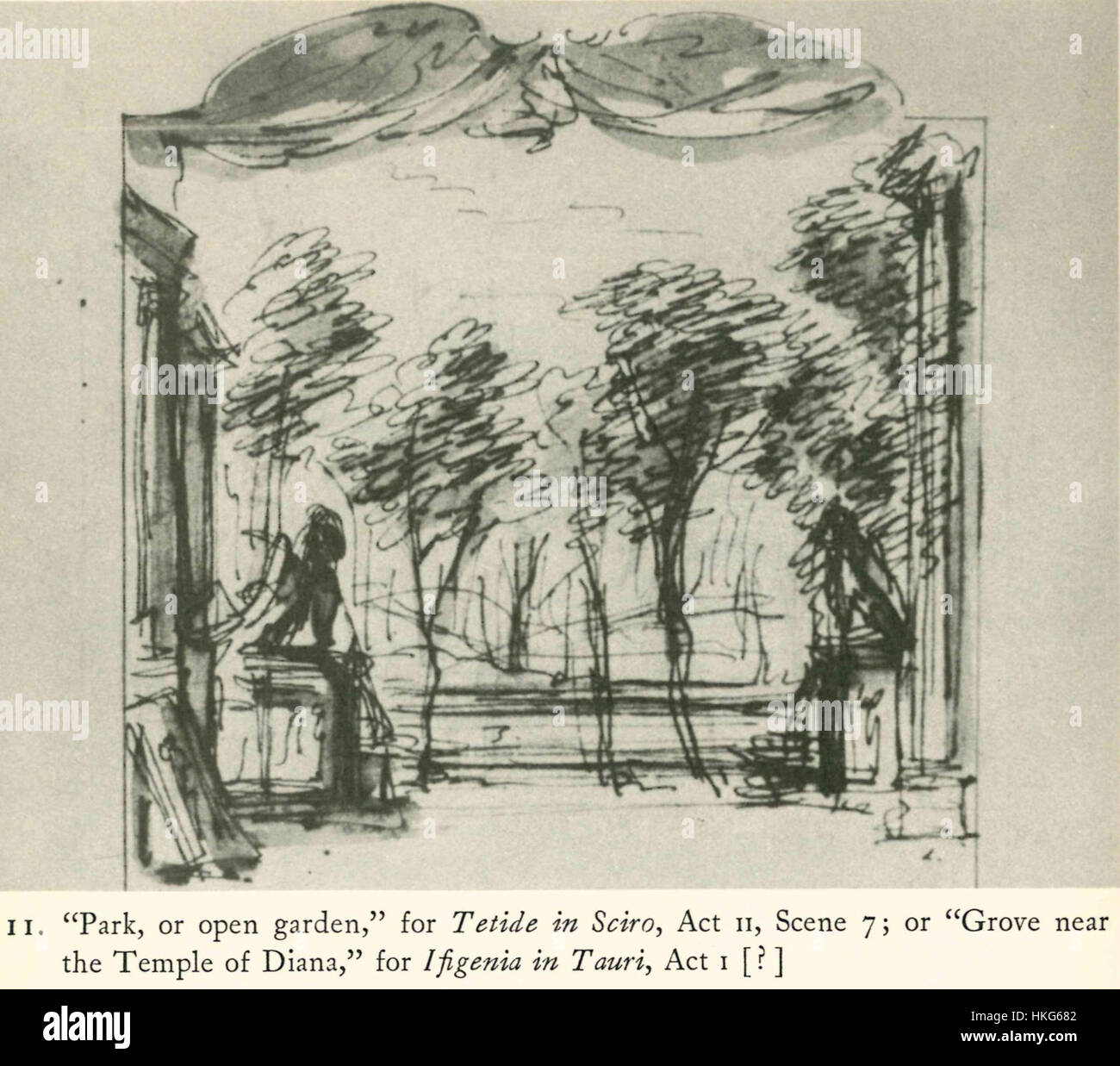 Der Bühnenentwurf für „Tetide in Sciro“ Akt II, 7 oder „Ifigenia in Tauri“ Akt I von Filippo Juvarra zeigt den theatralischen und architektonischen Einfallsreichtum des 18. Jahrhunderts. Das Design spiegelt die Pracht und die komplizierten Kulissen wider, die typisch für barocke Opernproduktionen sind. Stockfoto