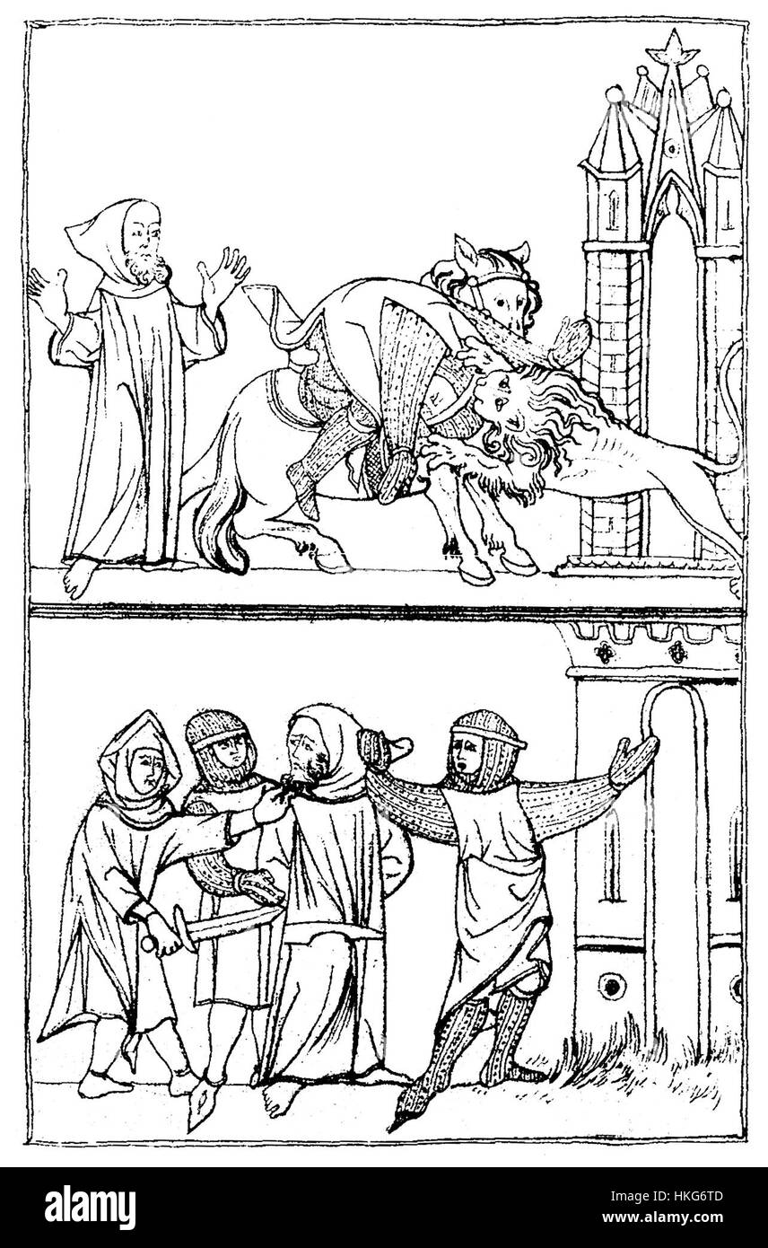 Eine Illustration aus Paulin Romans 'de la Table Ronde', die eine Szene aus den legendären Geschichten von König Artus Round Table darstellt. Dieses Bild stammt aus dem ersten Band und ist Teil der illustrierten Geschichte der Arthurischen Legende. Stockfoto