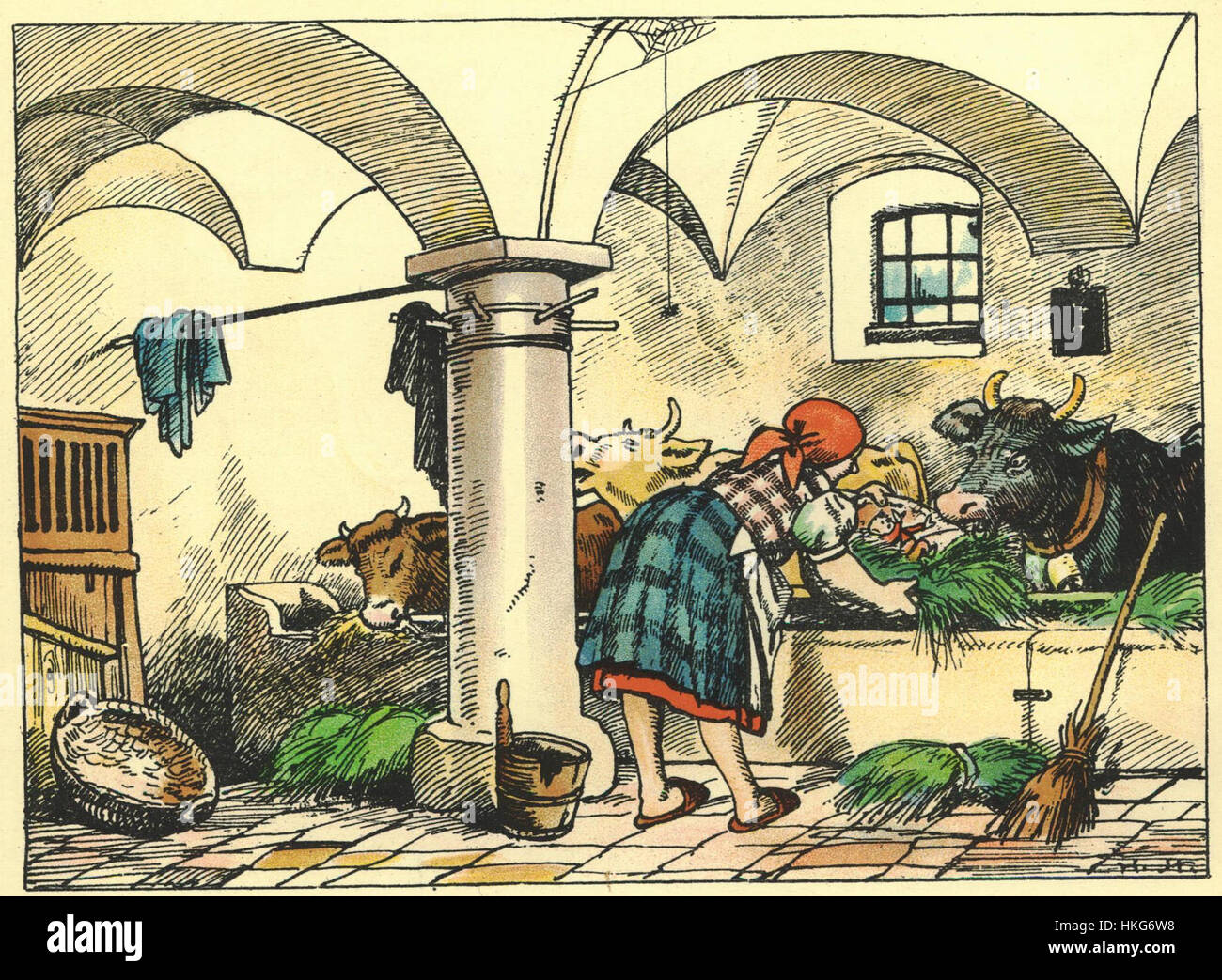 „Le voyage du petit poucet“ von Grimm ist eine klassische Illustration des Märchens, die die Abenteuer des kleinen Daumens zeigt. Dieses Kunstwerk aus dem 19. Jahrhundert fängt die skurrilen und magischen Elemente der bekannten Geschichte ein. Stockfoto