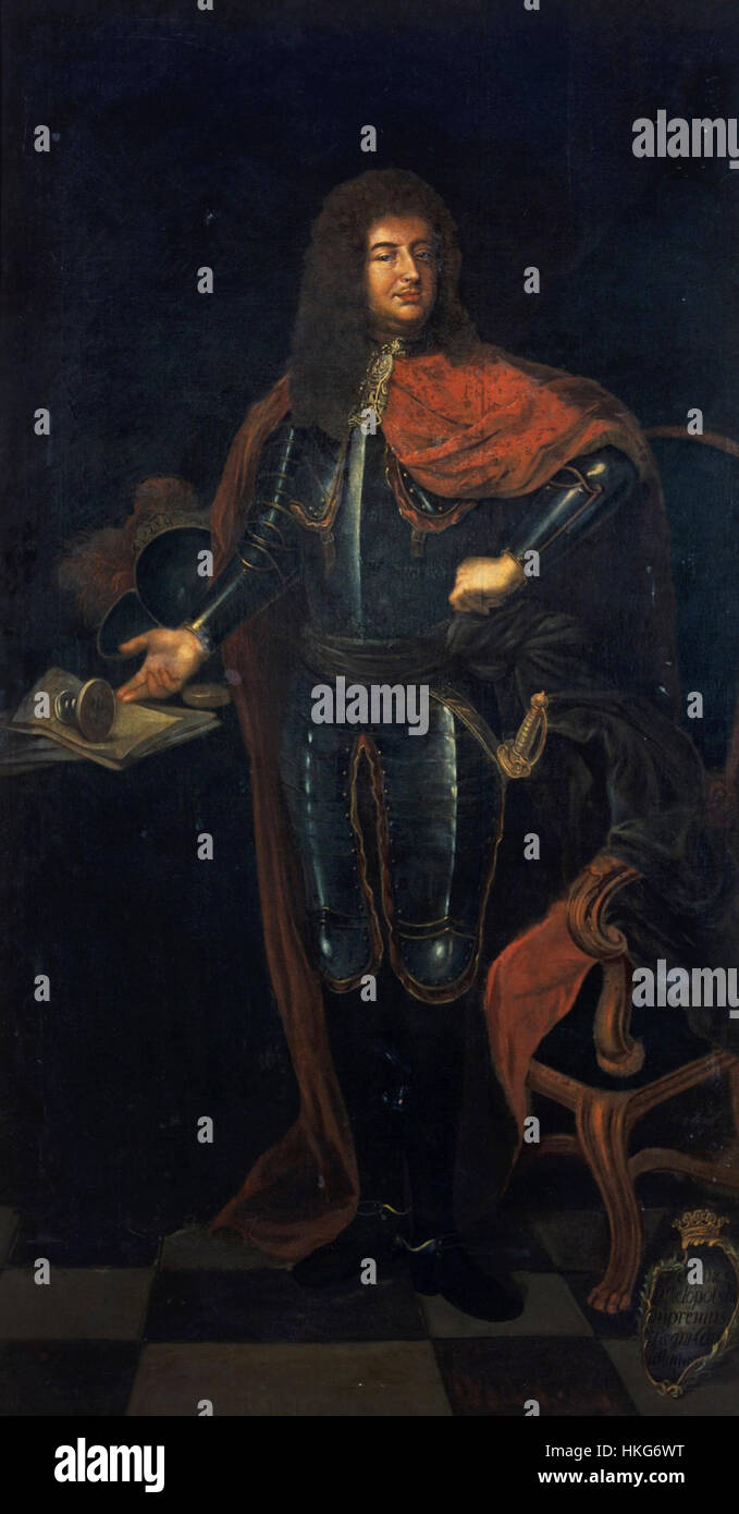 Das Porträt zeigt Jan Wielopolski, einen polnischen Adligen und politischen Mann. Das Gemälde unterstreicht seinen edlen Status und seine historische Bedeutung in der polnischen Geschichte. Stockfoto