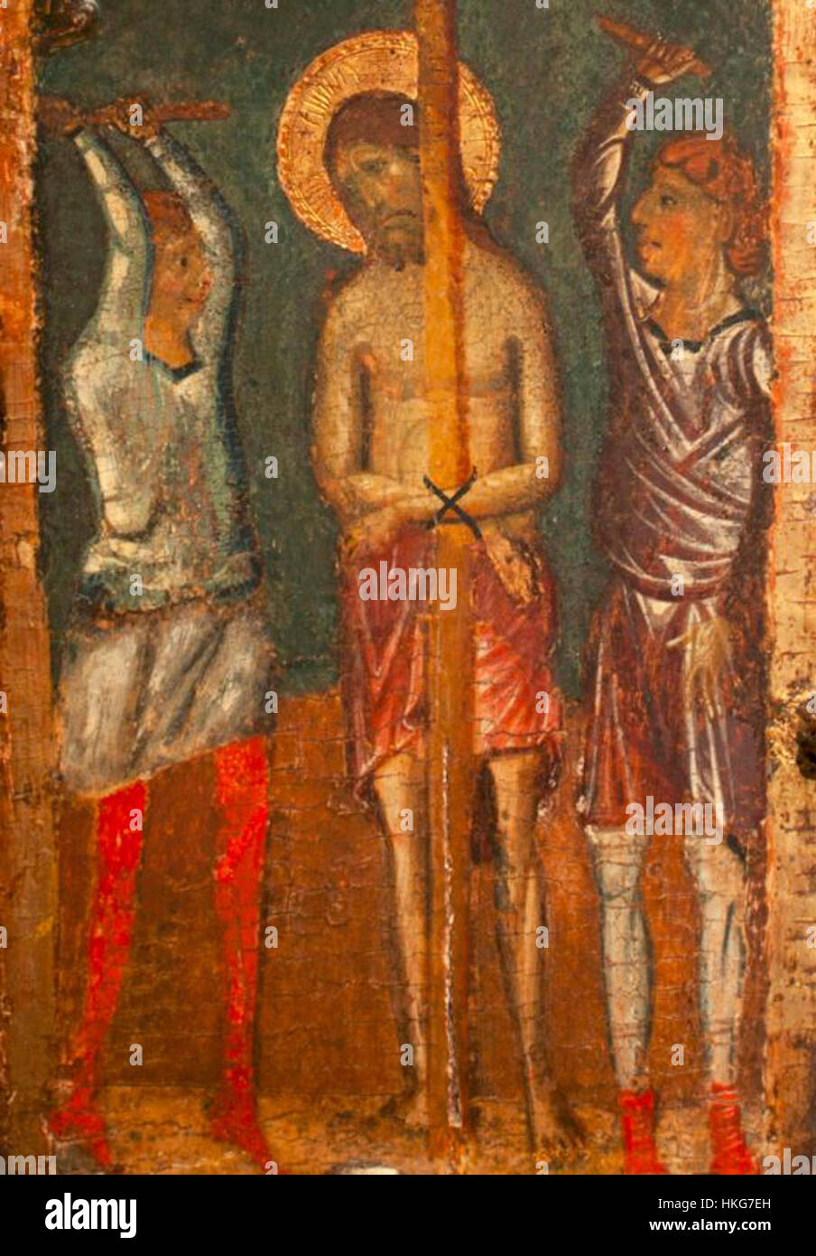 Ein detaillierter Teil des Triptychons Maestro di Santa Maria Primerana, das sich im Kunstmuseum der Princeton University befindet, zeigt die Flagellenszene und zeigt religiöse Kunst aus der Renaissance. Stockfoto