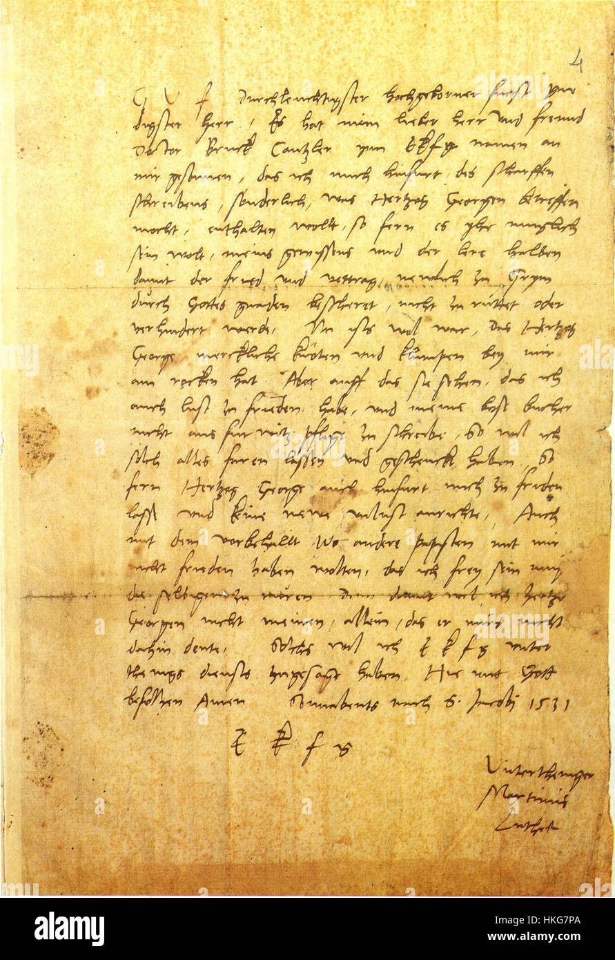Martin Luther, eigenhändiger Brief von 1531 Stockfoto