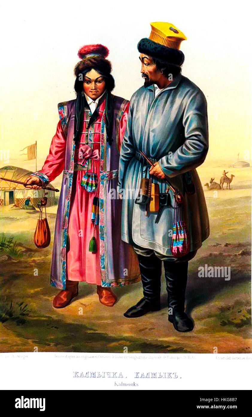 Das Gemälde der Kalmücken aus dem Jahr 1862 erfasst das traditionelle Leben und die Kultur der Kalmücken im 19. Jahrhundert. Dieses historische Kunstwerk repräsentiert ihr einzigartiges Erbe und ihre kulturelle Identität. Stockfoto