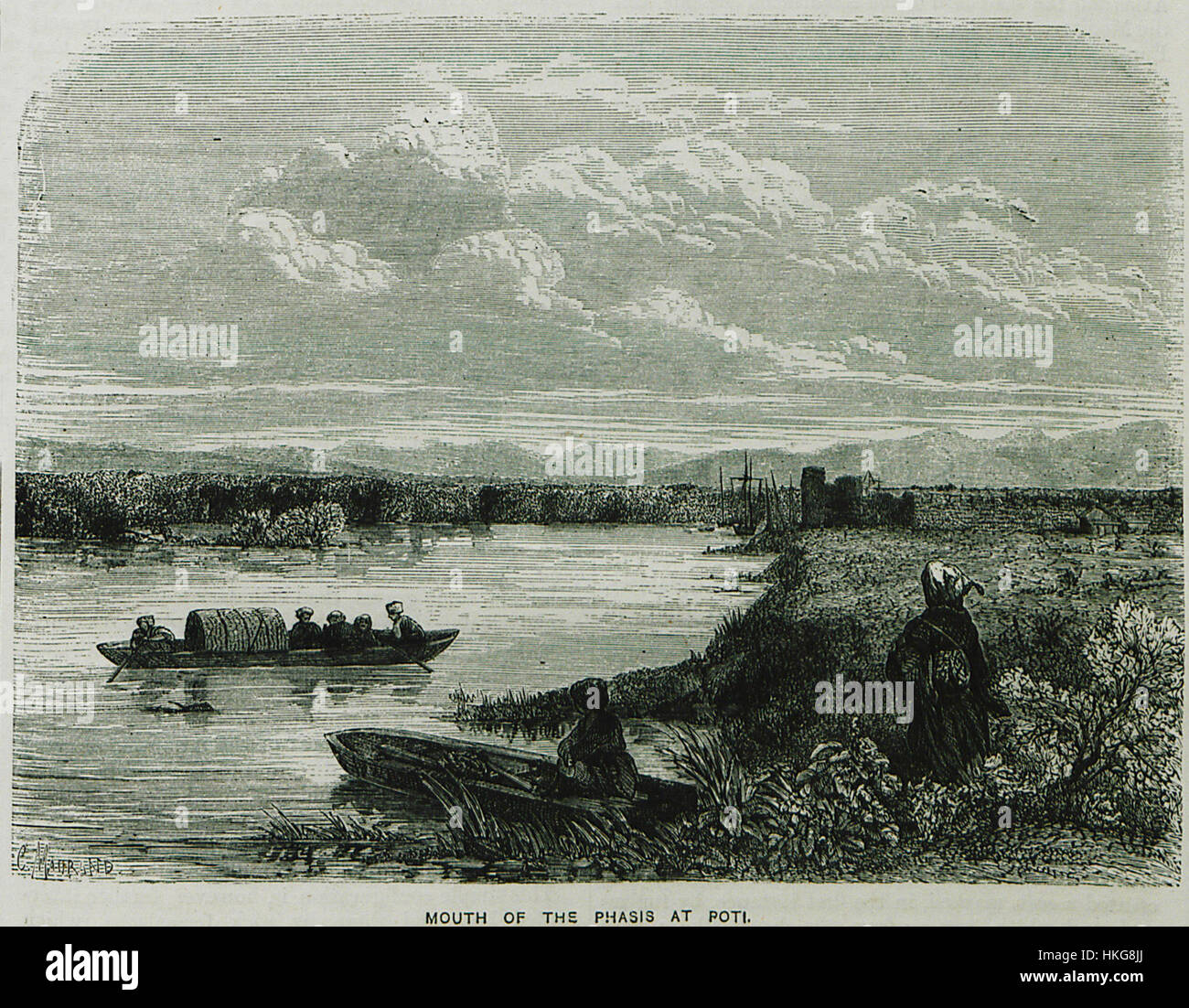 Dieses Ölgemälde von William Francis Ainsworth zeigt die Mündung des Phasis River bei Poti in Georgia um 1870. Die Szene zeigt die Küstenlandschaft und den Fluss und bietet einen historischen Blick auf die Region im späten 19. Jahrhundert. Stockfoto