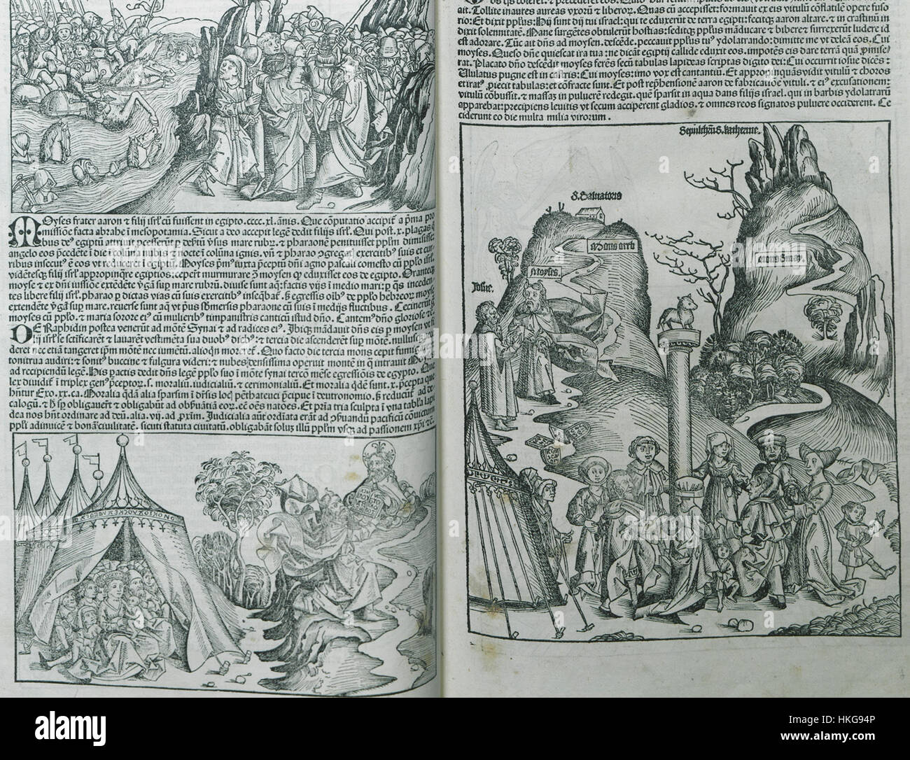 Diese 1493 von Hartmann Schedell gefertigte Illustration zeigt die biblische Szene, in der Moses die zehn Gebote Gottes auf dem Sinai empfängt. Es zeigt auch, wie Moses die Tafel in Zorn bricht, nachdem er Zeuge der Götzendiener der Israeliten war. Dieses Werk ist Teil der Nürnberger Chronik, einem historischen Text, der biblische und historische Ereignisse verbindet. Stockfoto
