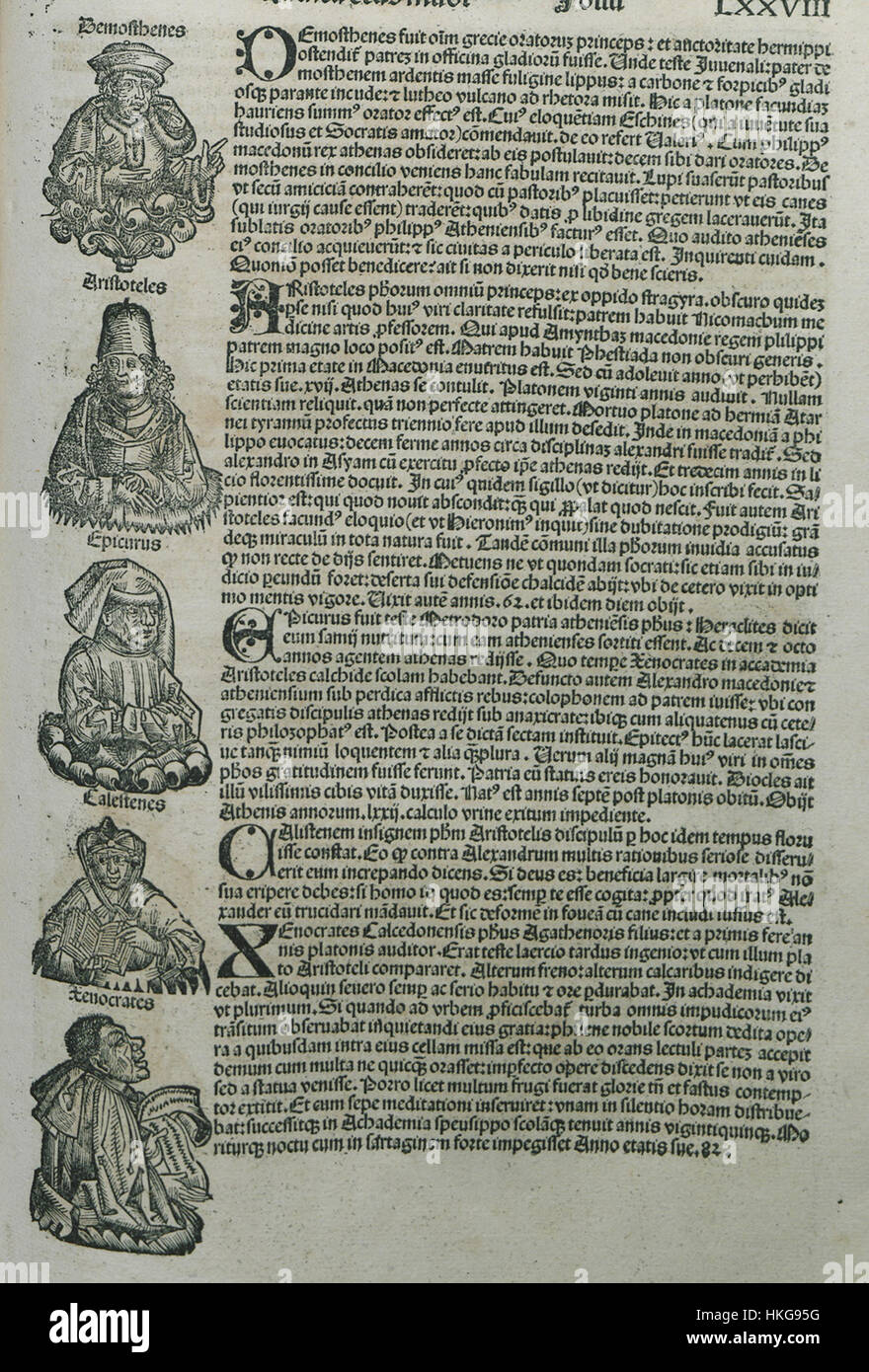 Dieser Stich von Hartmann Schedell aus dem Jahr 1493 zeigt bedeutende Philosophen, darunter Demosthenes, Aristoteles und Epikurus. Die Arbeit zeigt diese intellektuellen Riesen und veranschaulicht die grundlegenden Ideen der westlichen Philosophie und die Individuen, die das philosophische Denken geformt haben. Stockfoto