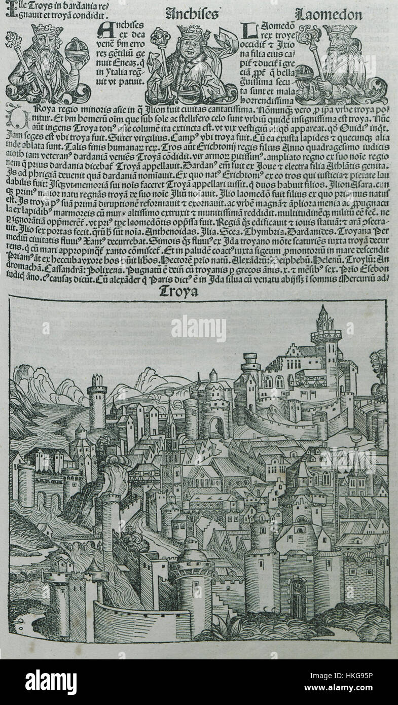 Die „Troya Schedell Hartmann“ aus dem Jahr 1493 ist ein historischer Holzschnitt, der die antike Stadt Troja illustriert. In der „Schedels Chronik“ ist sie ein wichtiges Beispiel für spätmittelalterliche Druckerei, die die legendären Festungsmauern und ihre klassische Darstellung während des Trojanischen Krieges zeigt. Stockfoto
