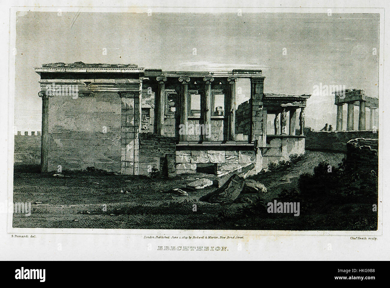 Edward Dodwells Gemälde des Erechtheion in Athen aus dem Jahr 1819 zeigt einen detaillierten architektonischen Blick auf diesen antiken griechischen Tempel, der für seine historische Bedeutung und sein klassisches Design bekannt ist. Stockfoto