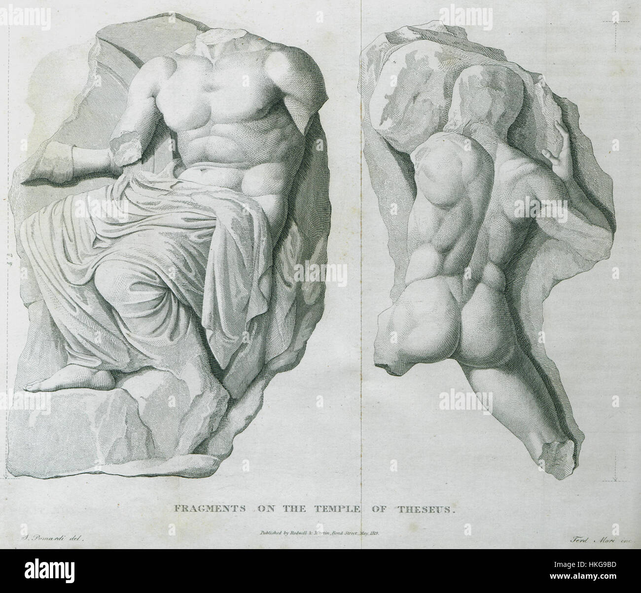Edward Dodwells Illustration von 1819 zeigt Fragmente des Tempels des Theseus in Athen, Griechenland. Diese Ruinen zeigen die Überreste eines der am besten erhaltenen antiken griechischen Tempel und bieten einen Einblick in die griechische Architektur und die antiken religiösen Praktiken. Stockfoto