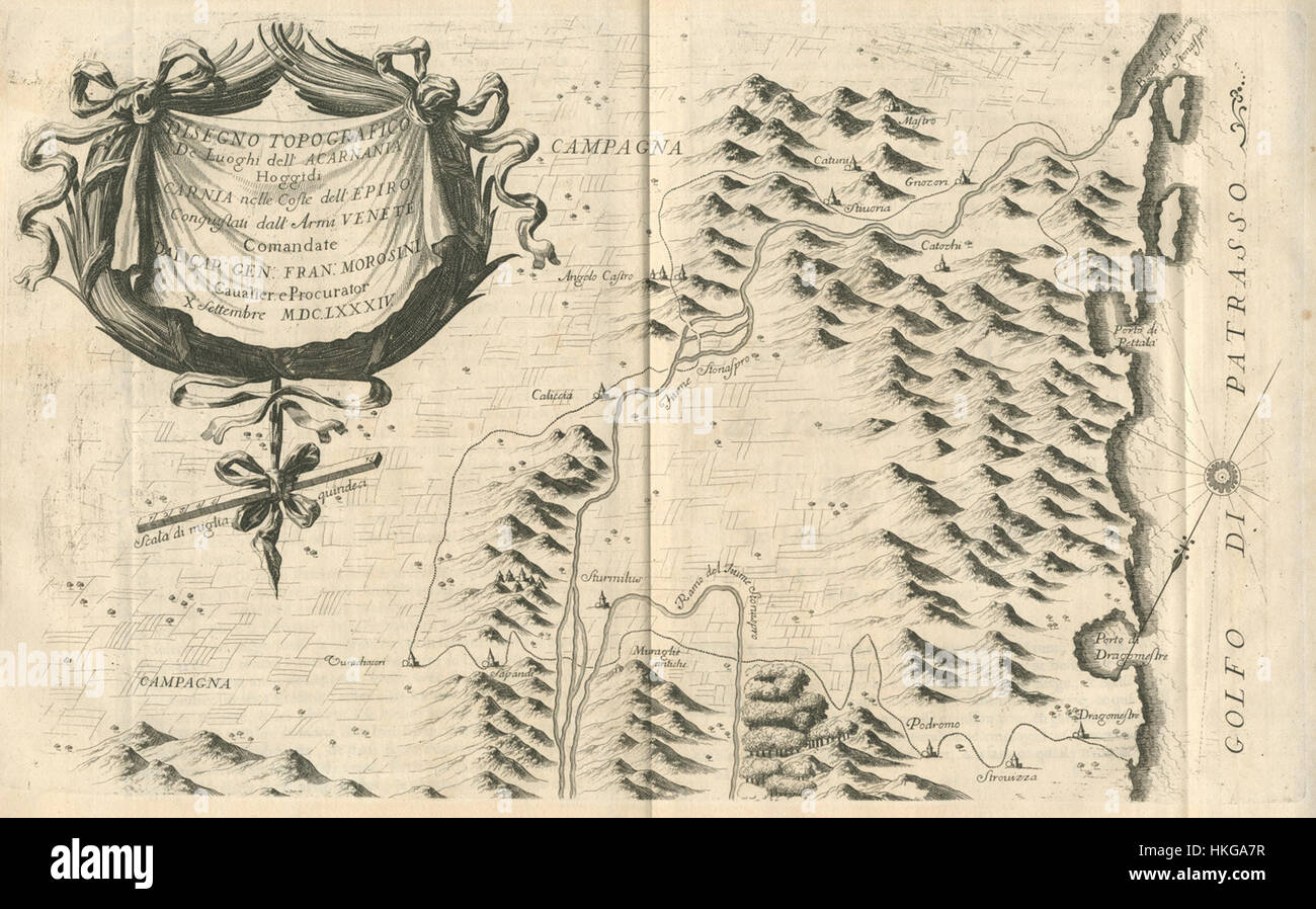 Diese historische Zeichnung von Vincenzo Coronelli aus dem Jahr 1687 zeigt die Topographie der Region Acarnania im Epirus-Küstengebiet und zeigt venezianisch kontrollierte Ländereien. Sie hebt die kartographischen Details der Gegend hervor, die den venezianischen Einfluss in der Region widerspiegeln. Stockfoto