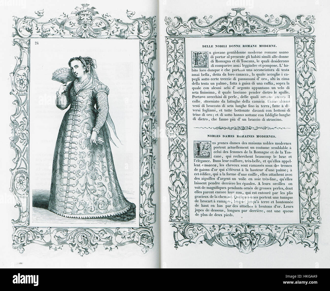 Dieses Kunstwerk von Cesare Vecellio, „Delle nobili donne Romane moderne“ (die edlen römischen Frauen) aus dem Jahr 1860, stellt römische Frauen in ihrer traditionellen Kleidung dar. Das Gemälde spiegelt die historische Kleidung und die Rollen dieser Frauen in der antiken römischen Gesellschaft wider. Stockfoto