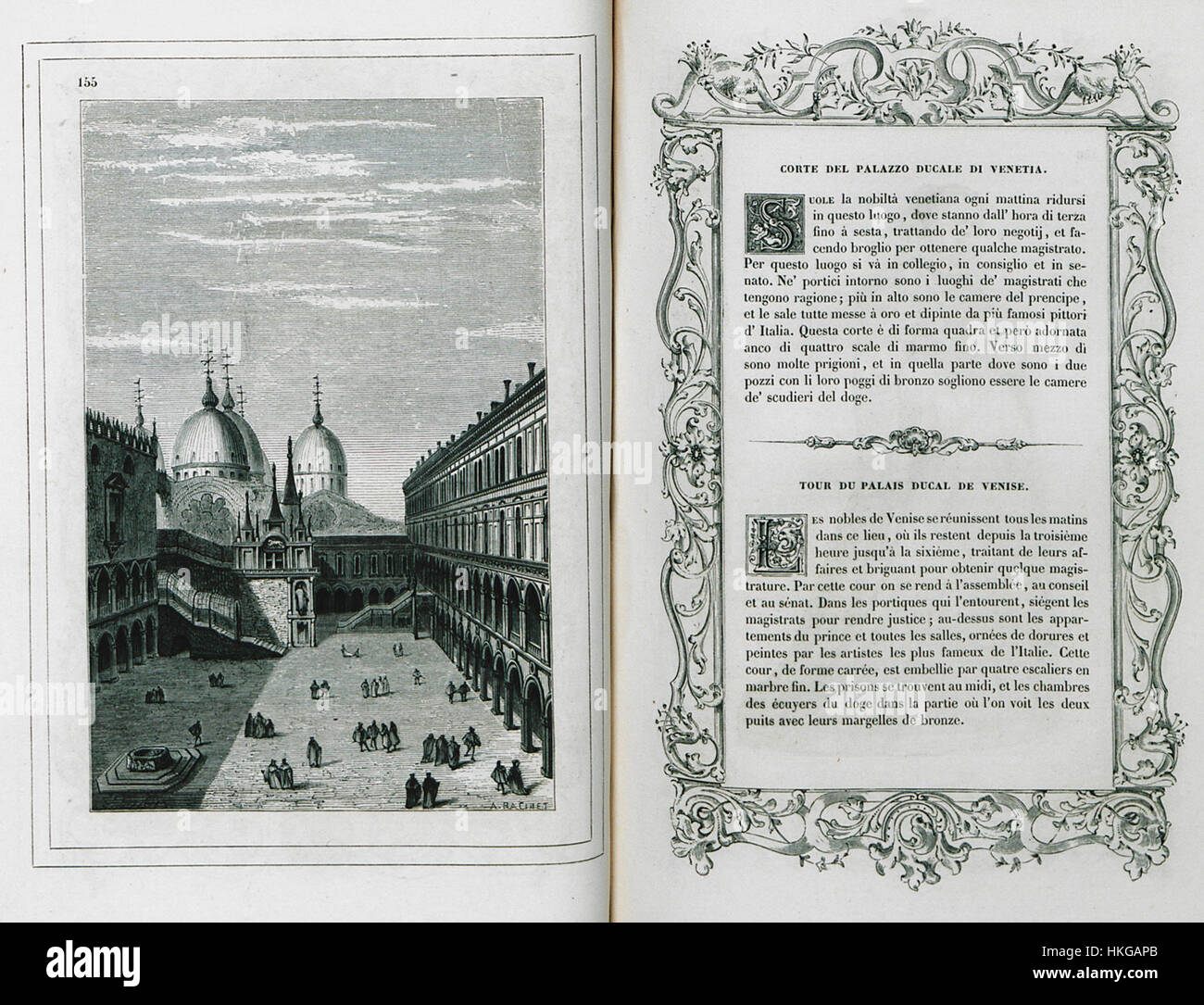 Das 1860 entstandene Gemälde „Corte del Palazzo Ducale di Venetia“ von Cesare Vecellio zeigt eine Szene aus dem Dogenpalast in Venedig. Das Kunstwerk ist ein Beispiel für den venezianischen Realismus des 19. Jahrhunderts, der die Größe und historische Bedeutung der venezianischen Architektur widerspiegelt. Stockfoto