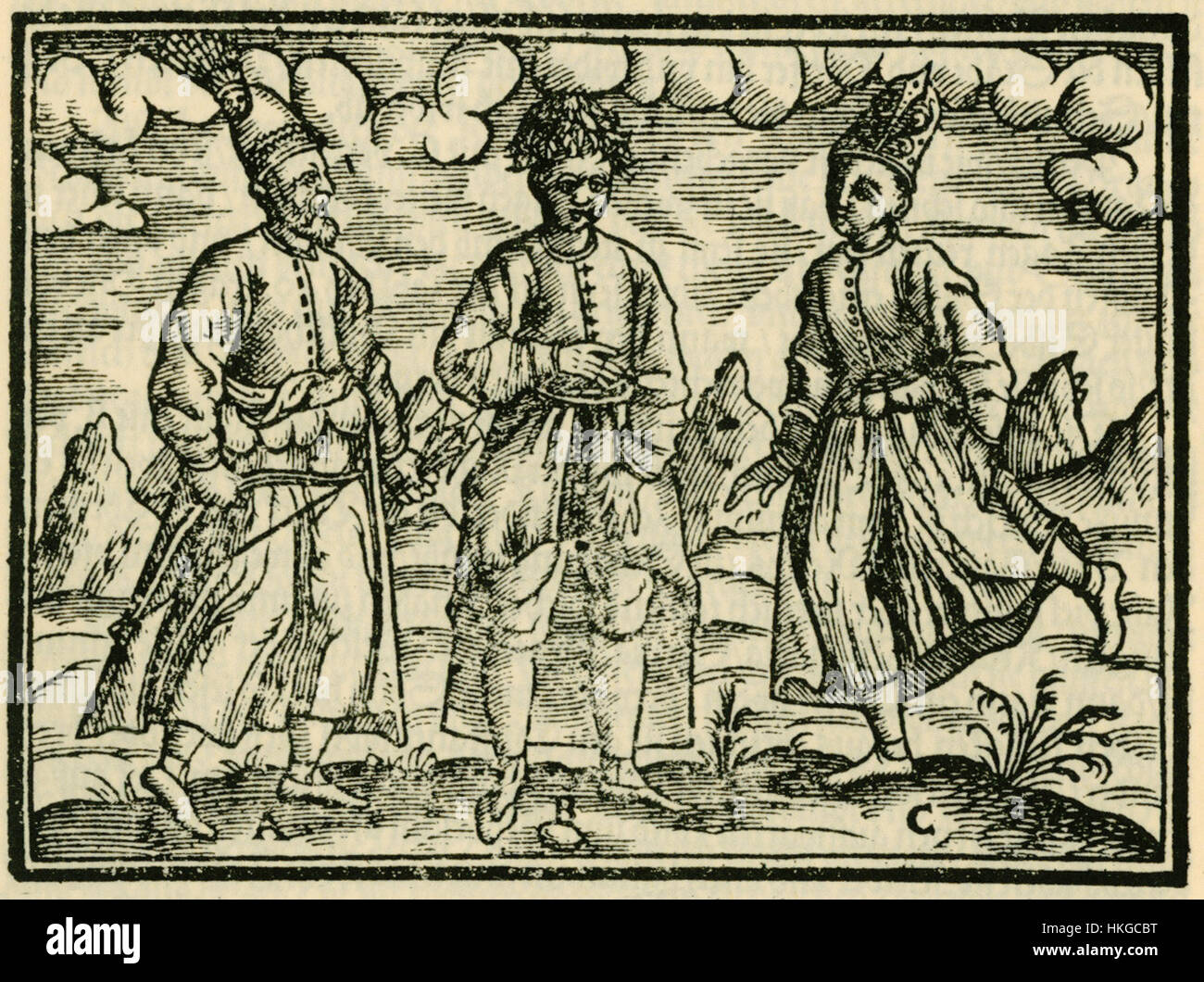 Dieses Gemälde aus dem Jahr 1608 mit dem Titel „A der Sultans Trabat B ein Atchamoglan C Lackey Schweigger Salomon“ zeigt Figuren in historischen Kostümen, die europäische Kunststile und kulturelle Repräsentationen der Epoche des frühen 17. Jahrhunderts widerspiegeln. Stockfoto