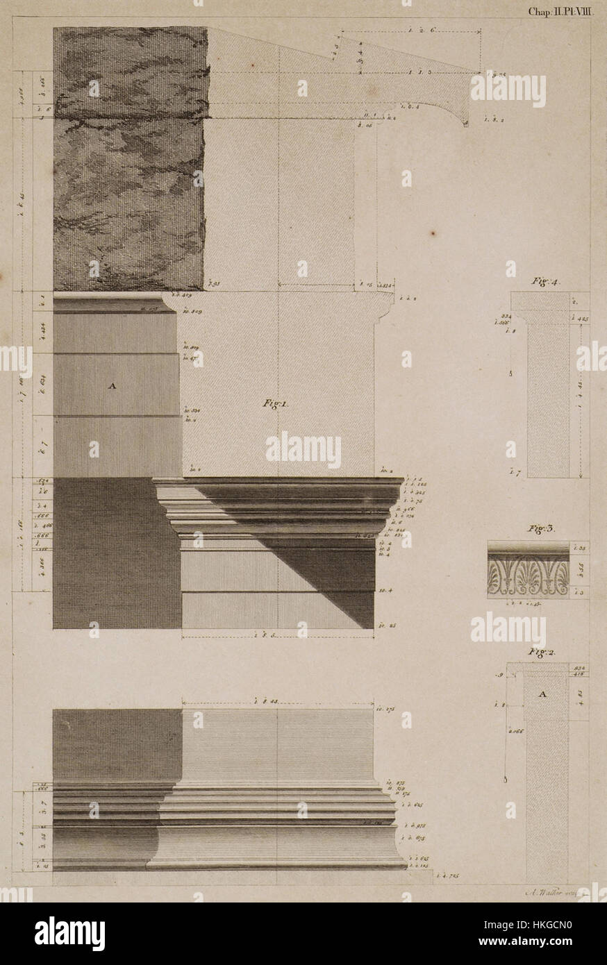 Diese Illustration von James Stuart und Nicholas Revett aus dem Jahr 1762 zeigt die Hauptstadt und Basis einer der Antae und zeigt verschiedene Architekturen, die in der klassischen Architektur verwendet werden. Das Werk betont architektonische Details und Elemente des griechischen Designs. Stockfoto Diese Illustration von James Stuart und Nicholas Revett aus dem Jahr 1762 zeigt die Hauptstadt und Basis einer der Antae und zeigt verschiedene Architekturen, die in der klassischen Architektur verwendet werden. Das Werk betont architektonische Details und Elemente des griechischen Designs. Stockfoto