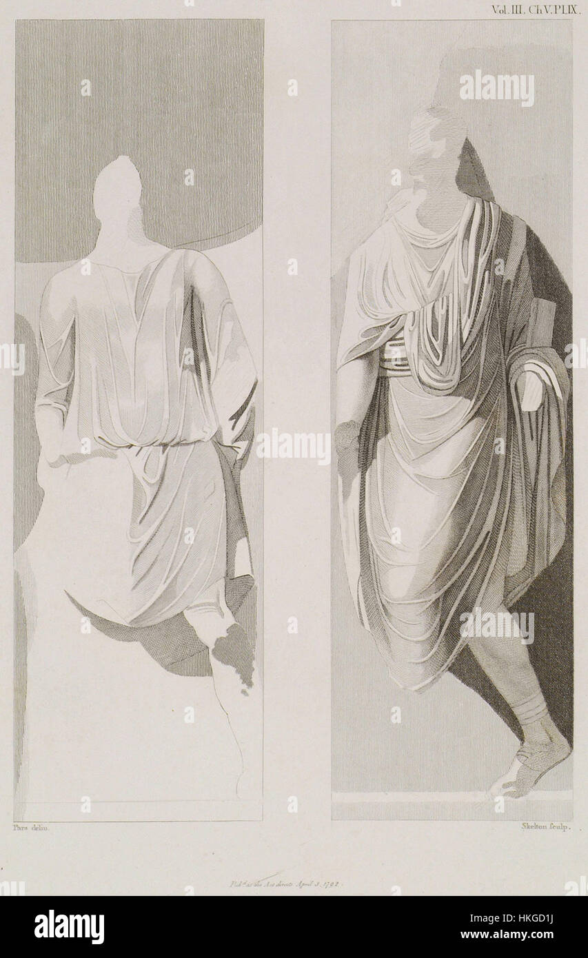 Diese Basso-Relevo-Skulptur, entworfen von Stuart James und Revett Nicholas 1794, zeigt zwei Figuren. Es ist Teil der historischen Kunstsammlung und zeigt klassische Techniken der Skulptur mit ihrer detaillierten Darstellung menschlicher Formen. Stockfoto