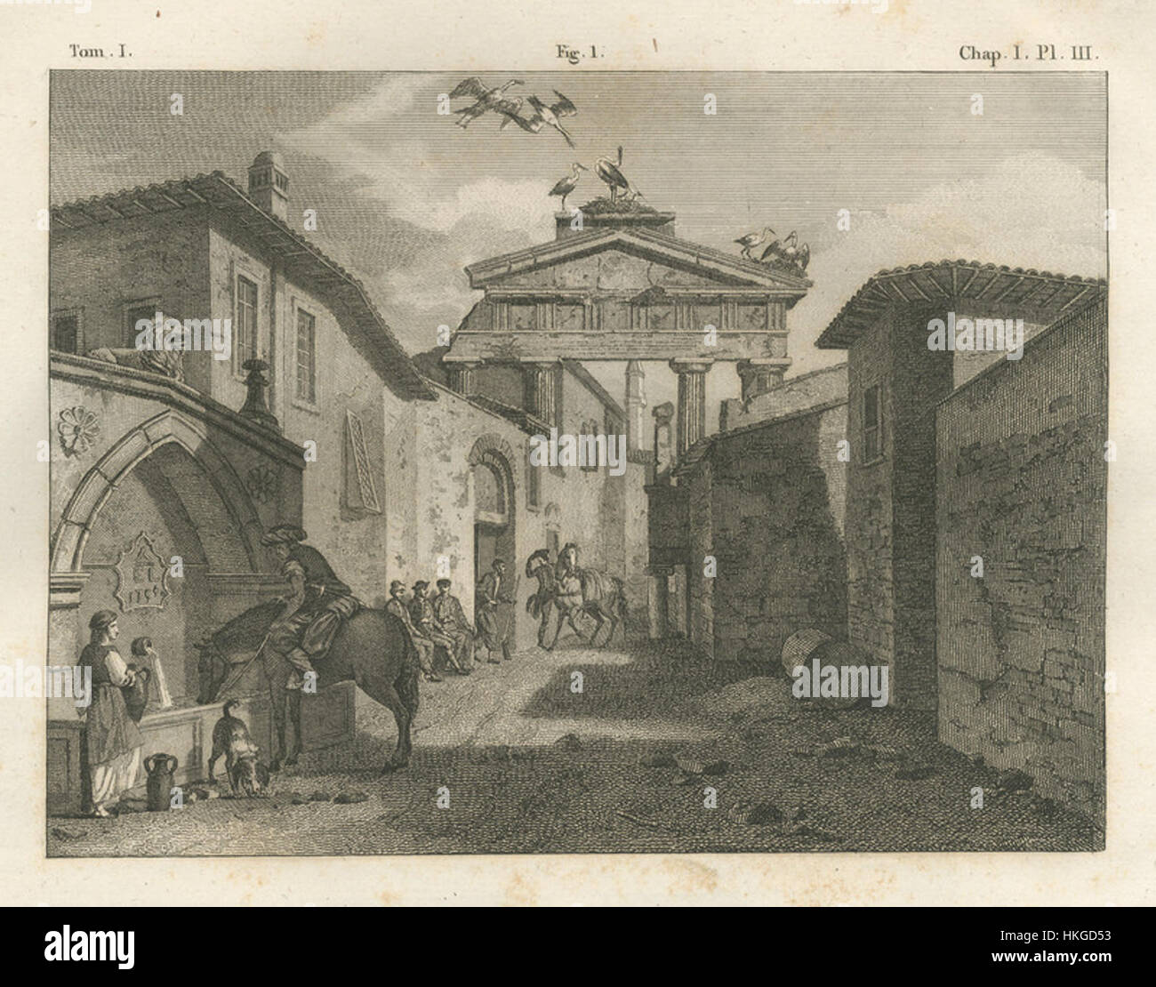 Dieser Stich von Stuart James und Revett Nicholas aus dem Jahr 1808 zeigt den Portikus, wie er heute aussieht, und zeigt architektonische Details und klassische Designelemente. Stockfoto