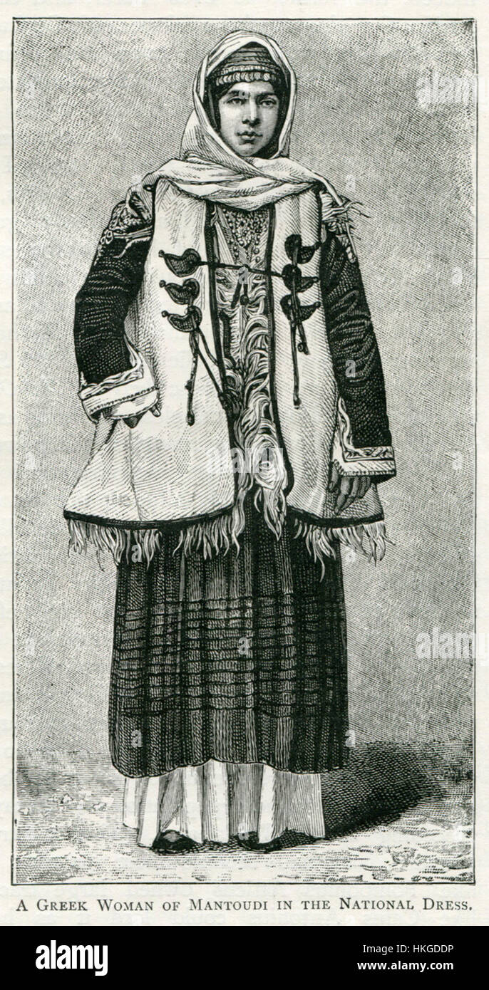 Dieses Gemälde von John Pentland Mahaffy aus dem Jahr 1890 zeigt eine griechische Frau aus Mantoudi in traditioneller Nationalkleidung. Das Kunstwerk bietet einen Einblick in das kulturelle Erbe Griechenlands während des späten 19. Jahrhunderts. Stockfoto Dieses Gemälde von John Pentland Mahaffy aus dem Jahr 1890 zeigt eine griechische Frau aus Mantoudi in traditioneller Nationalkleidung. Das Kunstwerk bietet einen Einblick in das kulturelle Erbe Griechenlands während des späten 19. Jahrhunderts. Stockfoto