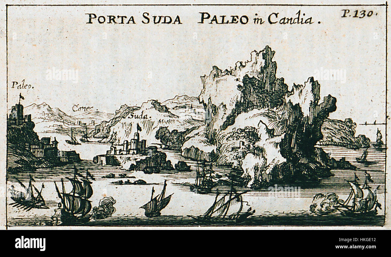 Das Kunstwerk von Jacob von Sandrart mit dem Titel „Porto Suda Paleo in Candia“ aus dem Jahr 1686 zeigt den Hafen von Candia, heute bekannt als Heraklion auf Kreta. Dieses Stück bietet einen Einblick in die historische Landschaft der Region während des späten 17. Jahrhunderts. Stockfoto