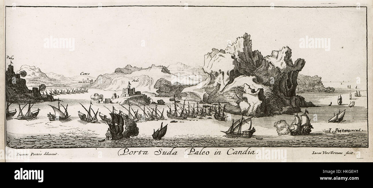 „Porta Suda Paleo in Candia“ von Jacob Peeters, gemalt 1686, zeigt eine historische Szene des alten Suda-Tors in Candia auf Kreta. Dieses Ölgemälde spiegelt den architektonischen Stil der Zeit wider und bietet einen Einblick in die Geschichte der Region. Das Kunstwerk ist ein bedeutendes Kunstwerk aus dem 17. Jahrhundert, das heute Teil von Kunstmuseen und Kunstsammlungen ist. Stockfoto