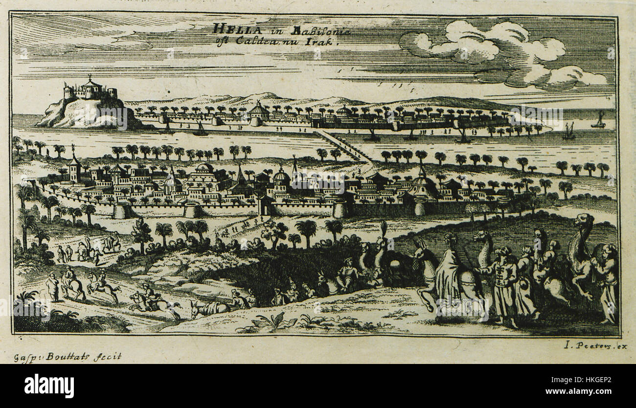 „Hella in Babylonie ost Chaldea nu Irak“ von Jacob Peeters (1690) zeigt eine historische Szene im alten Babylon in der Region Chaldea (heutiger Irak). Das Gemälde fängt eine dramatische Darstellung des Lebens in dieser antiken Zivilisation mit reichen Details in Architektur und Figuren ein. Stockfoto