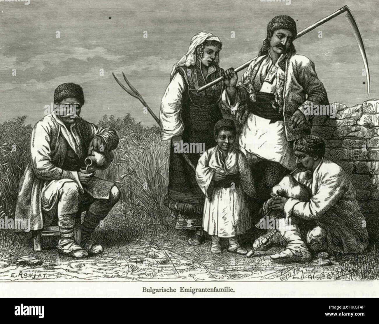 Dieses Gemälde aus dem Jahr 1887 zeigt eine bulgarische Emigrantenfamilie, den Schweiger Lerchenfeld, die die Erfahrung der Immigranten zeigt. Das Kunstwerk stellt die Herausforderungen dar, denen sich Emigranten gegenübersehen, indem sie ihre Reise und Anpassung in ein neues Land hervorheben und gleichzeitig das Wesen ihres kulturellen Erbes erfassen. Stockfoto