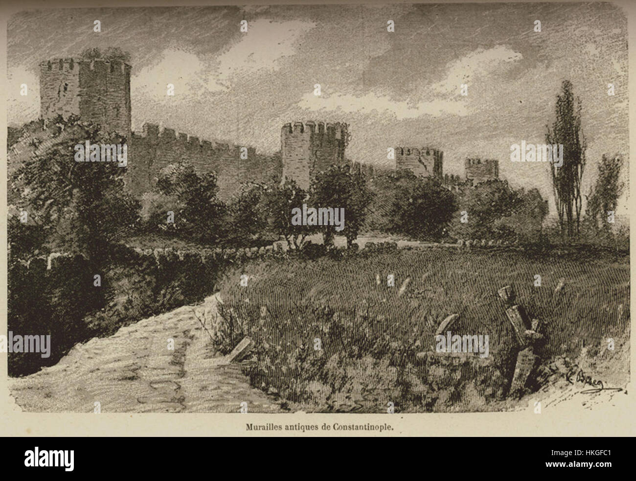 Dieser Stich von Edmondo de Amicis aus dem Jahr 1883 zeigt die alten Mauern von Konstantinopel. Das Kunstwerk veranschaulicht die Pracht und historische Bedeutung der Stadtbefestigung. Stockfoto
