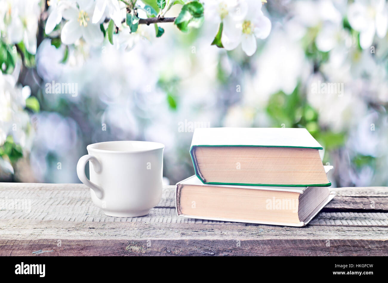 Tasse heißen Kaffee oder Tee, Kakao, Schokolade und Buch im Freien auf hölzernen Tisch oder Bank bei sonnigem Wetter auf Frühjahr Saison Hintergrund. Zurück zum Frühling Stockfoto