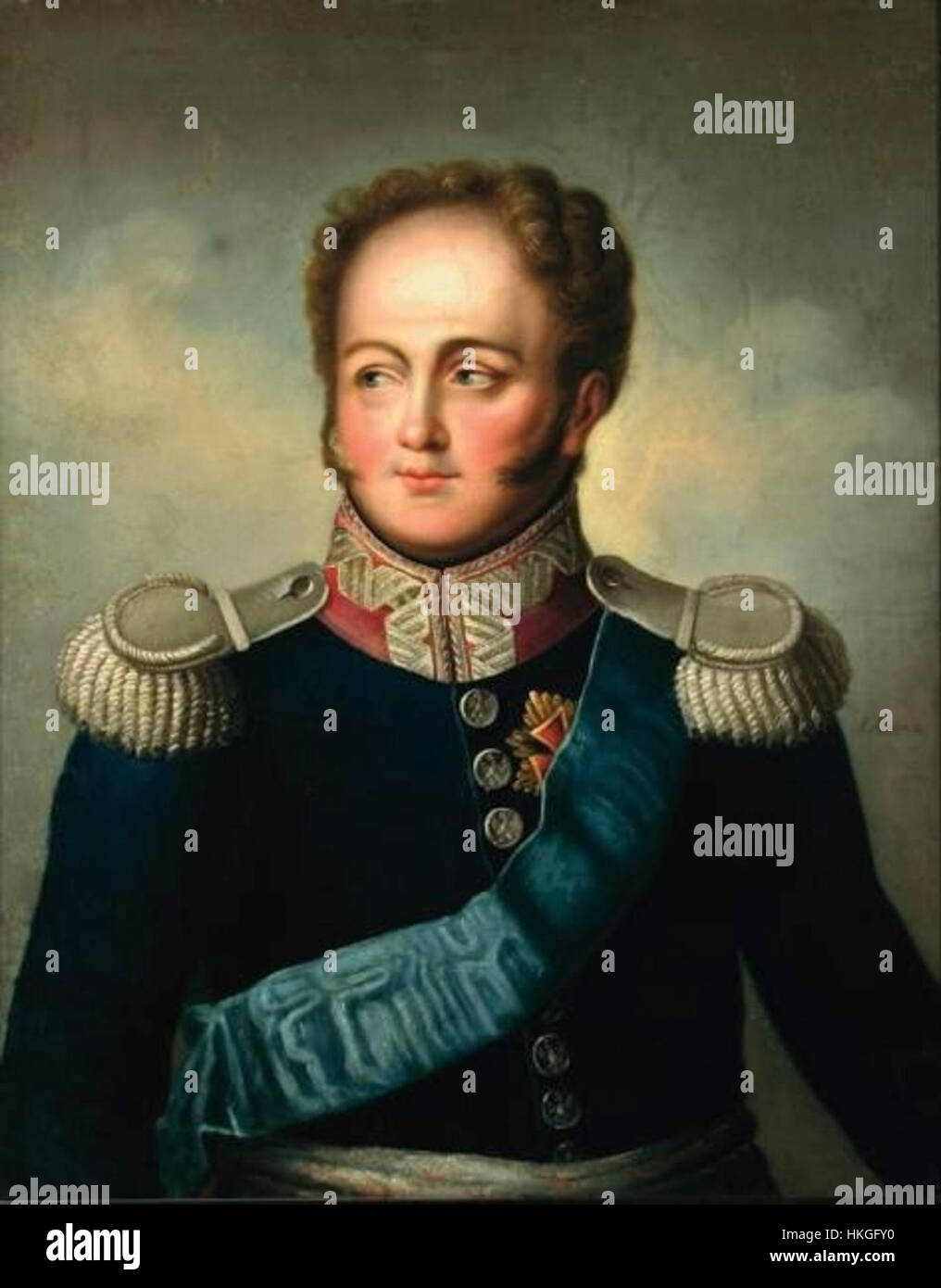 Das Gemälde „Car Aleksander i W polskim mundurze generalskim“ zeigt den russischen Zaren Alexander I. in polnischer Militäruniform und spiegelt seine politischen Beziehungen zu Polen während seiner Regierungszeit wider. Dieses Kunstwerk zeigt die historische Bedeutung seiner Herrschaft und die komplexe Beziehung zwischen Russland und Polen. Stockfoto