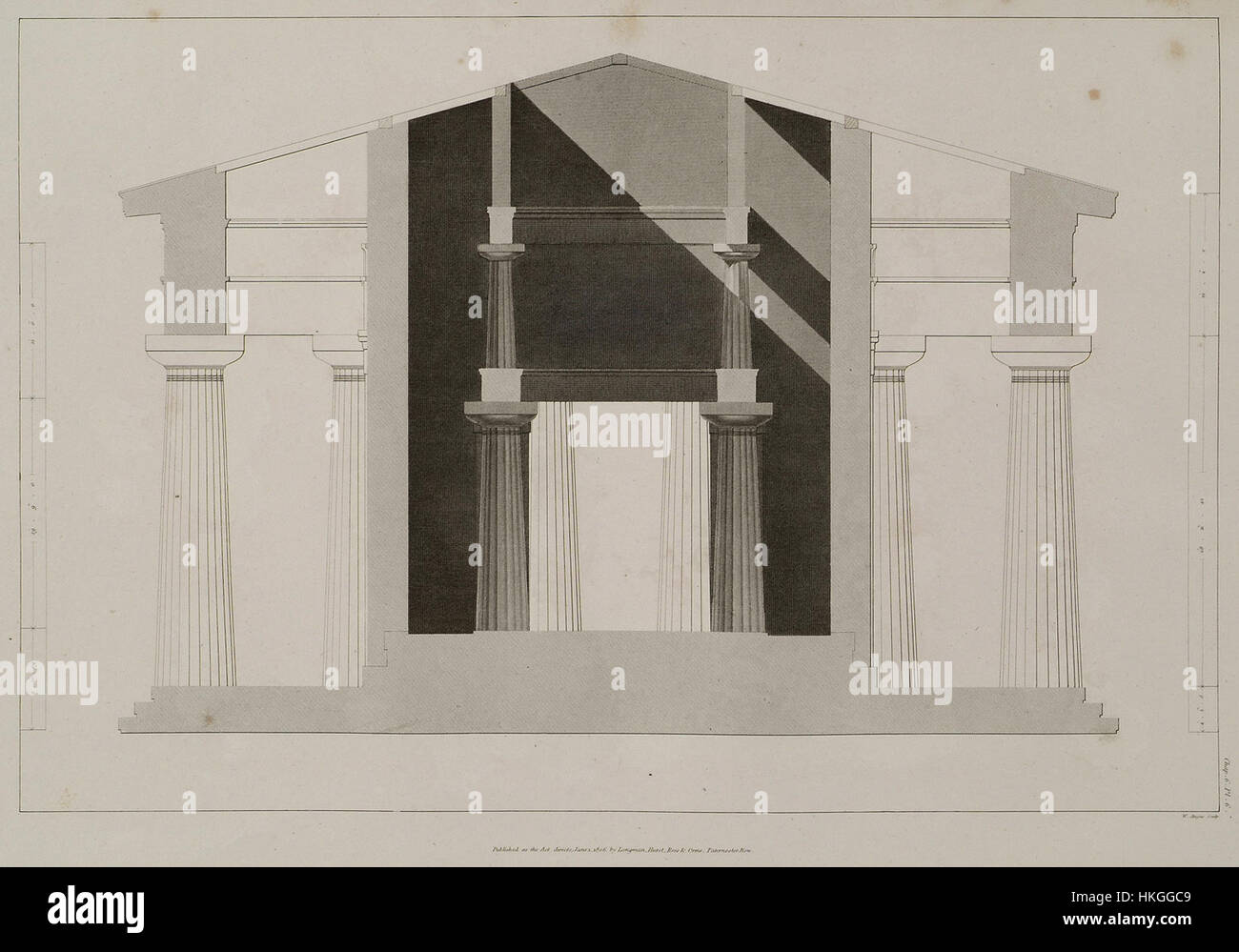 Diese Zeichnung von William Wilkins aus dem Jahr 1807 zeigt einen Abschnitt durch die Cella und die äußeren Porticoen eines klassischen Gebäudes, der die Studie architektonischer Elemente widerspiegelt. Stockfoto