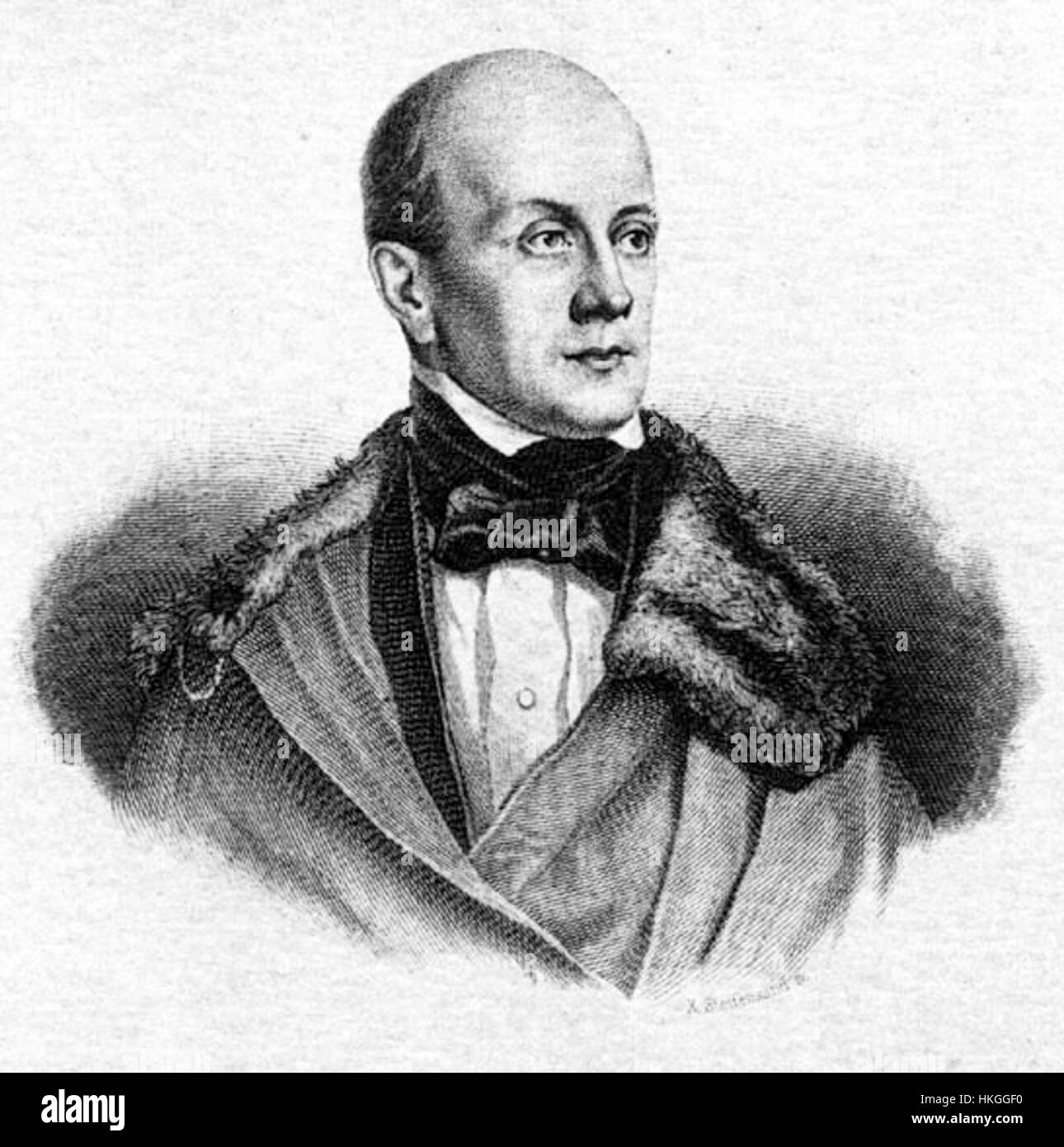 Dieses Porträt von Petr Chaadajew, einem prominenten russischen Philosophen, fängt seinen kontemplativen Ausdruck ein. Chaadajews Arbeit im frühen 19. Jahrhundert war maßgeblich an der Gestaltung des russischen intellektuellen Denkens beteiligt, insbesondere hinsichtlich der Rolle Russlands in der europäischen Geschichte. Stockfoto