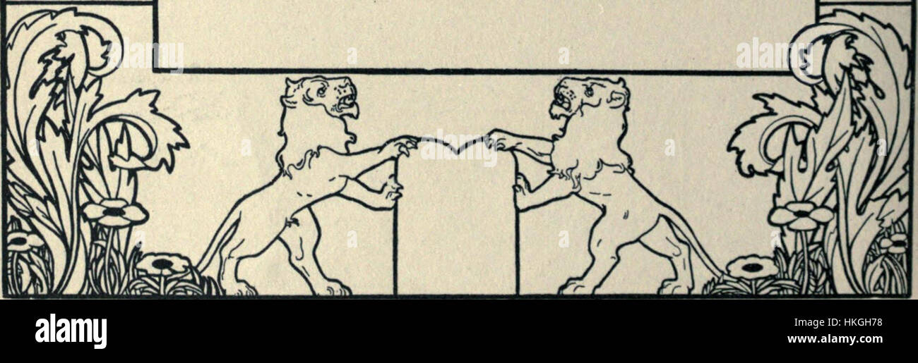 Die „Lilien Lion Vignette“ ist ein historisches Kunstwerk mit einem Löwen, das auf eine detaillierte und ausdrucksstarke Weise geschaffen wurde. Dieses in Ölgemälde dargestellte Werk spiegelt die Beherrschung des Künstlers wider, Natur und Symbolismus in der bildenden Kunst einzufangen. Stockfoto