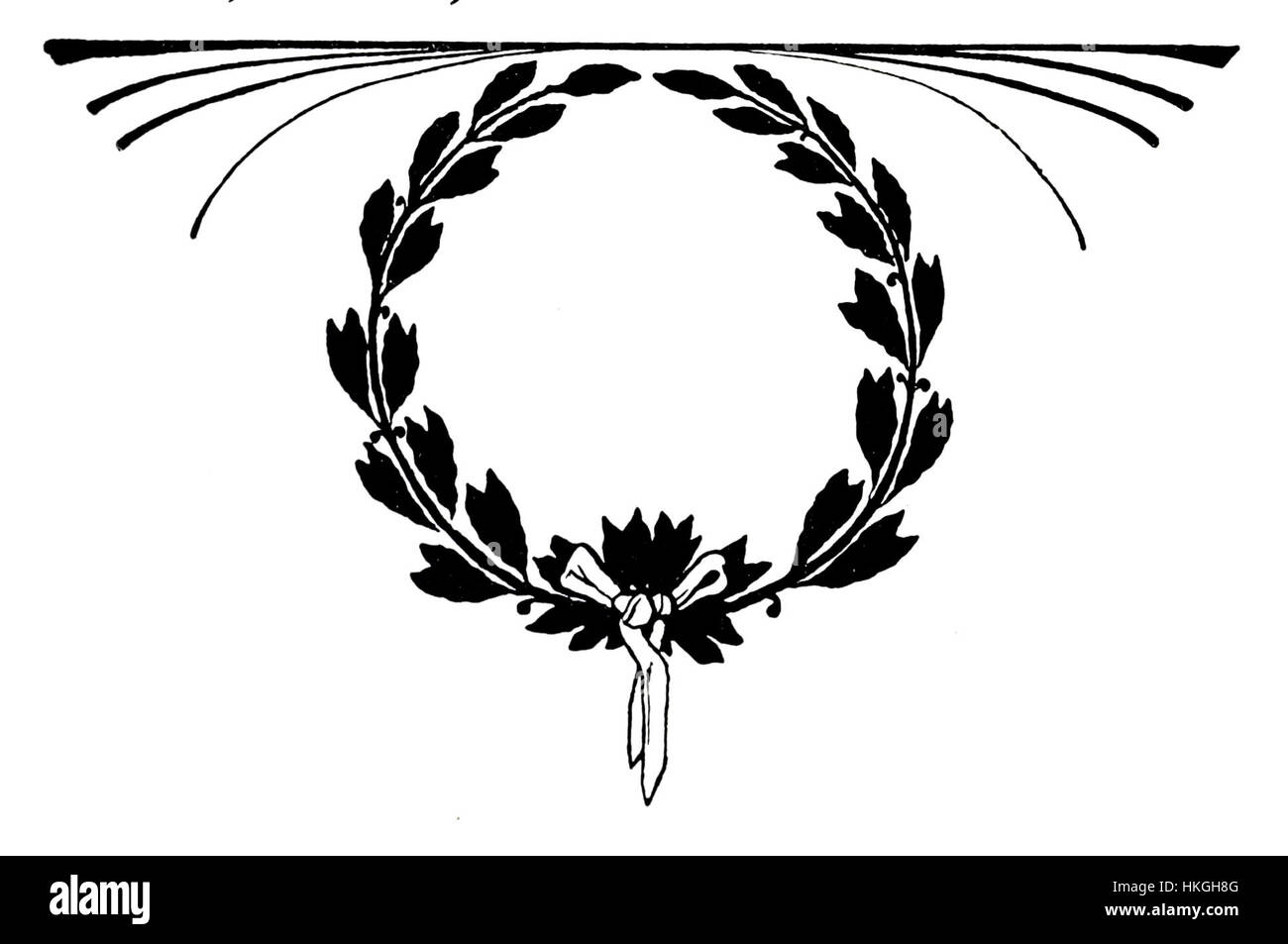 Dieses *Laurel Vignette*-Kunstwerk zeigt eine elegante Darstellung von Lorbeerblättern, die Sieg, Ehre und Leistung symbolisiert. Das Gemälde betont klassische Motive und verbindet die Themen des antiken Griechenlands und Roms mit der Ästhetik des 19. Jahrhunderts. Stockfoto