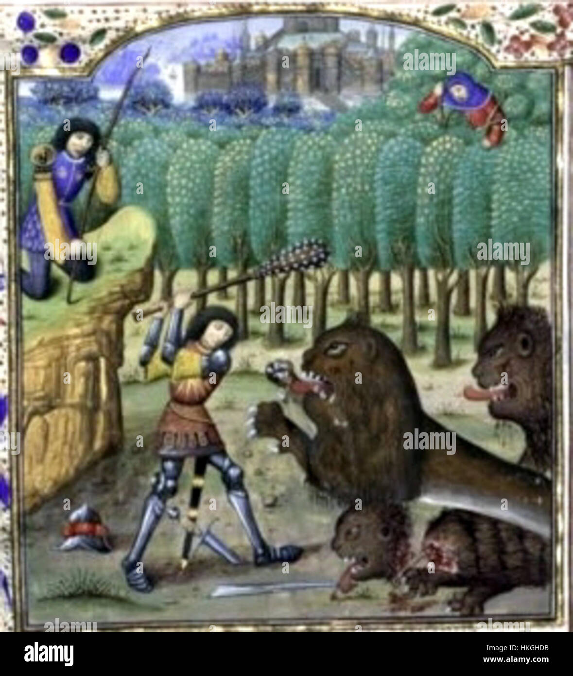 Der Nemäische Löwe, eine Schlüsselfigur der griechischen Mythologie, ist in diesem Kunstwerk dargestellt, das auf den „Histoires de Troyes“ basiert. Der Löwe, der von Herkules getötet wurde, symbolisiert Stärke und Heldentum im antiken Mythos, dargestellt in lebendigen, ausdrucksstarken Details innerhalb des Kunstwerks. Stockfoto