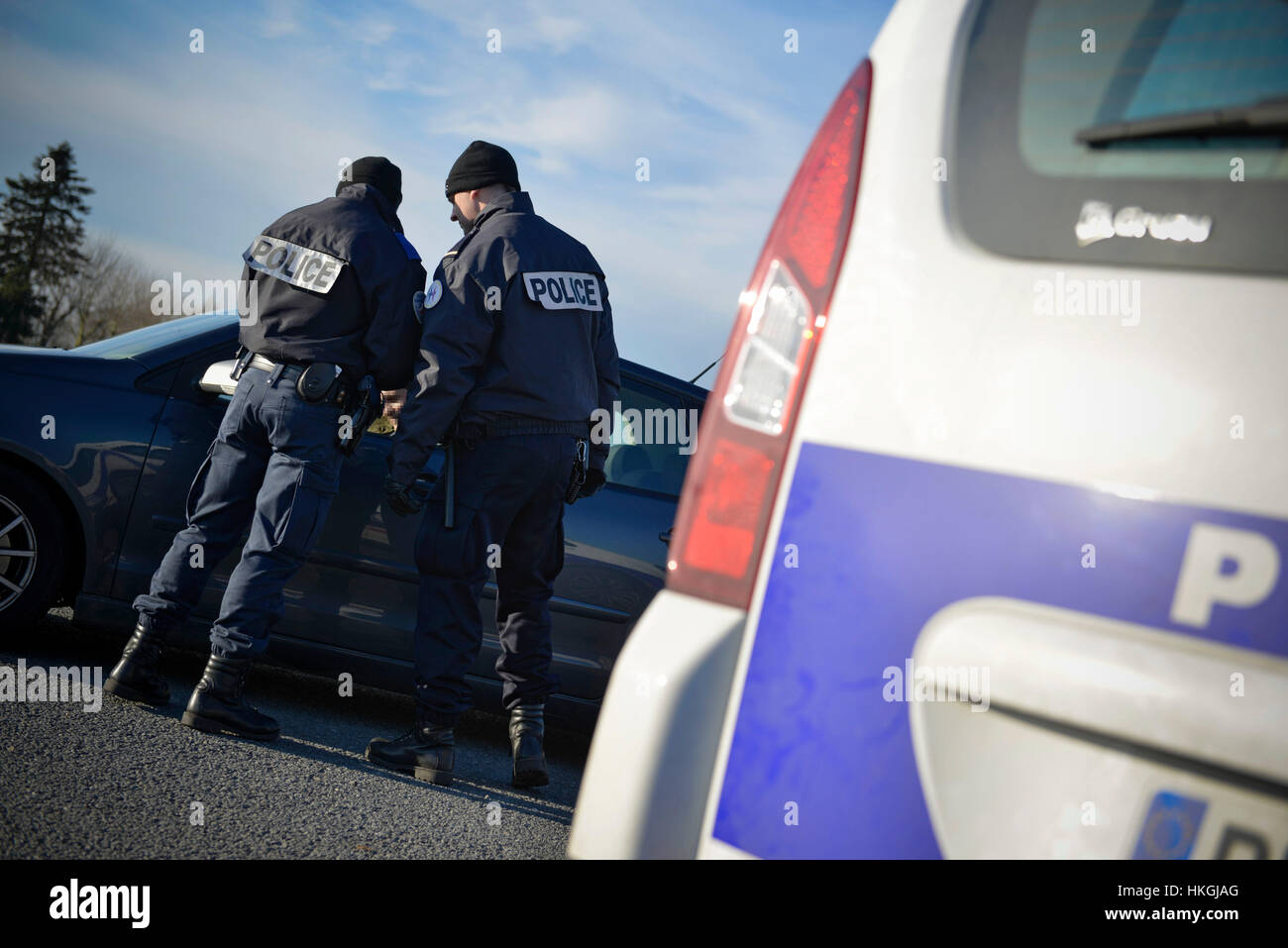 Am Straßenrand Check von der französischen Grenze Polizei (PAF) entlang der Autobahn A22 in Rekkem Stockfoto