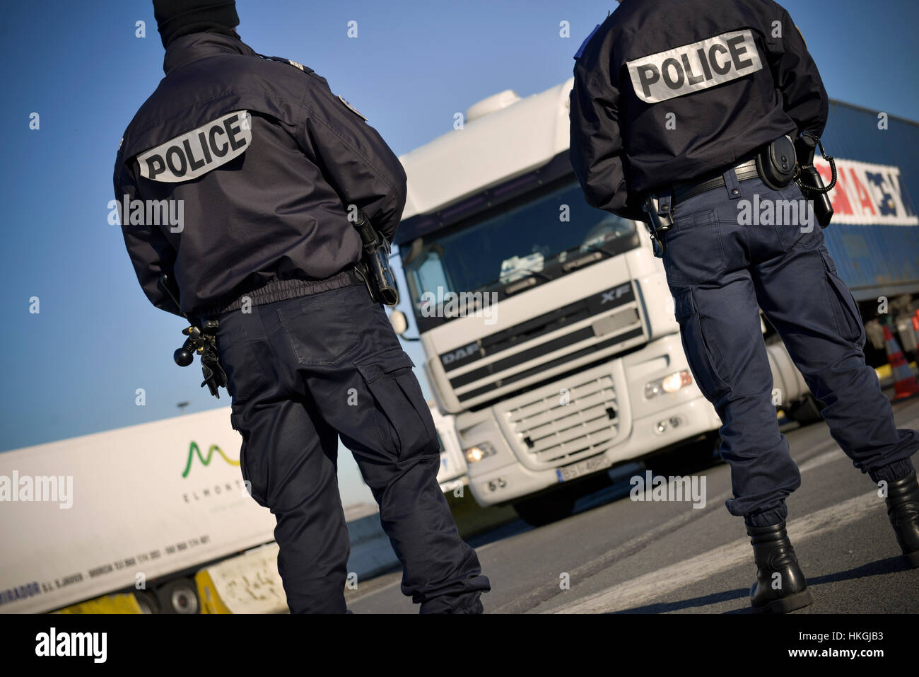 Am Straßenrand Check von der französischen Grenze Polizei (PAF) entlang der Autobahn A22 in Rekkem Stockfoto