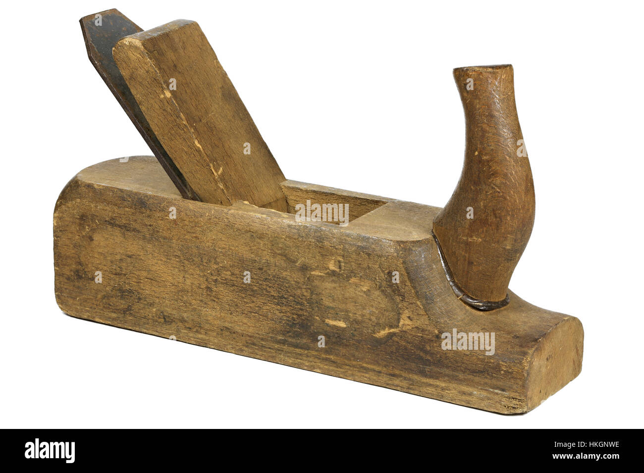 gebrauchte Holz Hand Flugzeug isoliert auf weißem Hintergrund Stockfoto