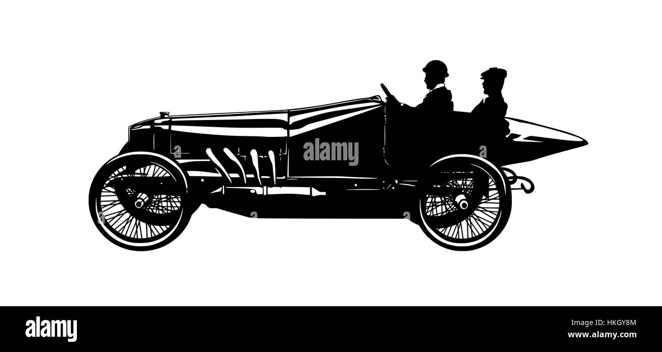 Vektor-Silhouette von zwei Männern in einem Oldtimer Rennwagen Stock Vektor