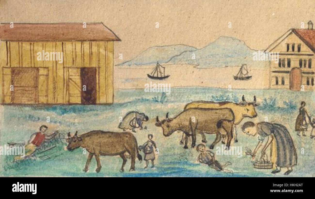 Dieses eindrucksvolle Gemälde zeigt eine Szene der Hungersnot in der Schweiz, in der Menschen wegen ernster Nahrungsmittelknappheit Gras essen. Sie erfasst die Not und das menschliche Leid in Krisenzeiten und spiegelt die verheerenden Auswirkungen der Knappheit und ihre Auswirkungen auf die Gesellschaft wider. Stockfoto